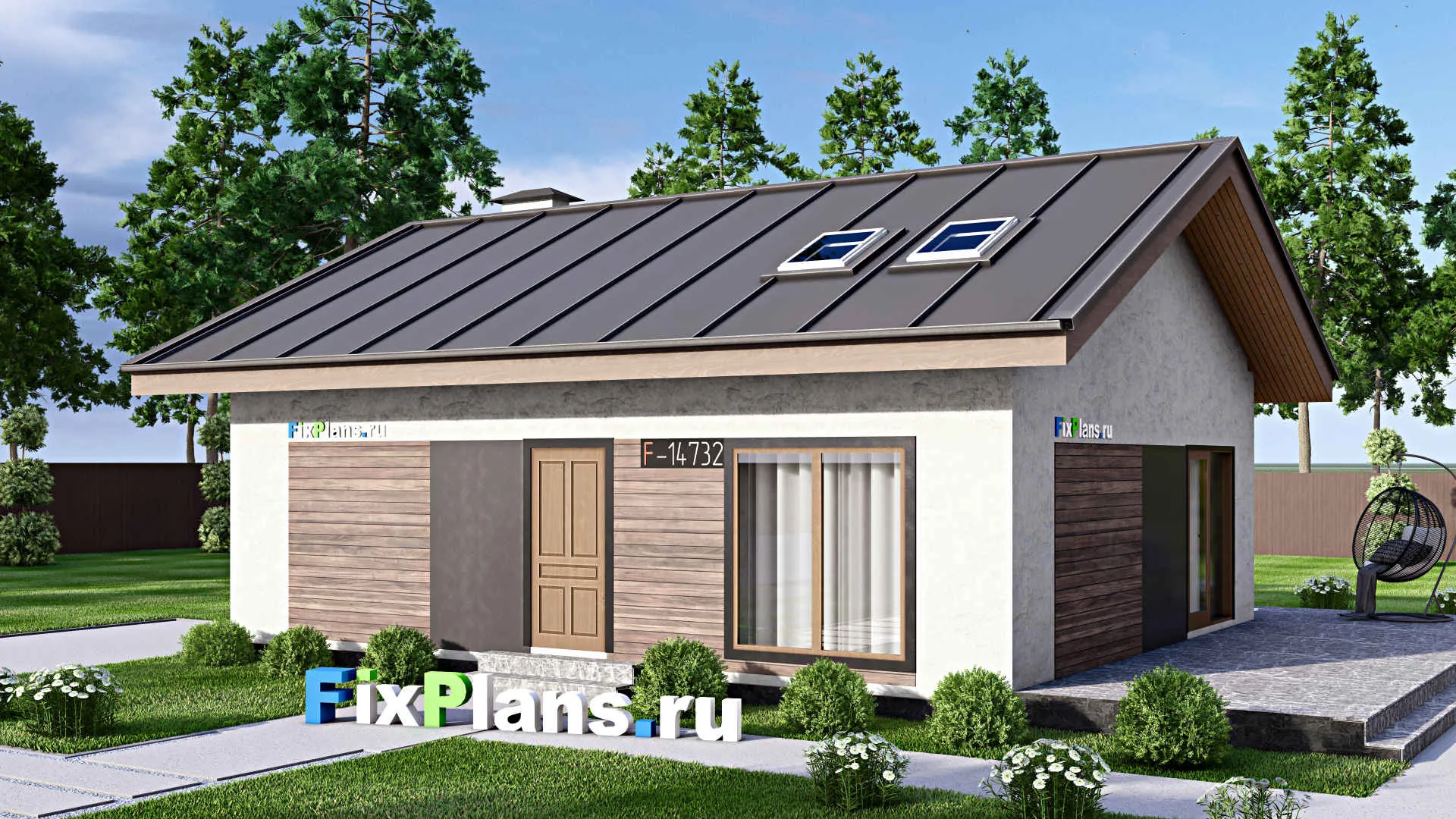 F-14732 - Проект одноэтажного дома 10 на 13, площадью 100 м² с террасой, баней и 2 спальнями