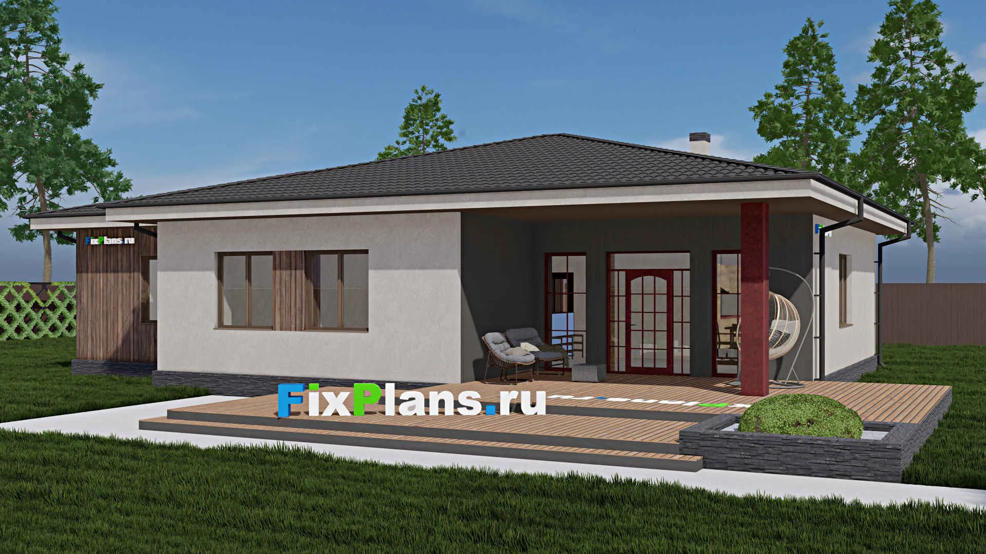 F-0350 - План одноэтажного дома 13 на 18, площадью 220 м² с террасой, гаражом на 1 машину и 3 спальнями