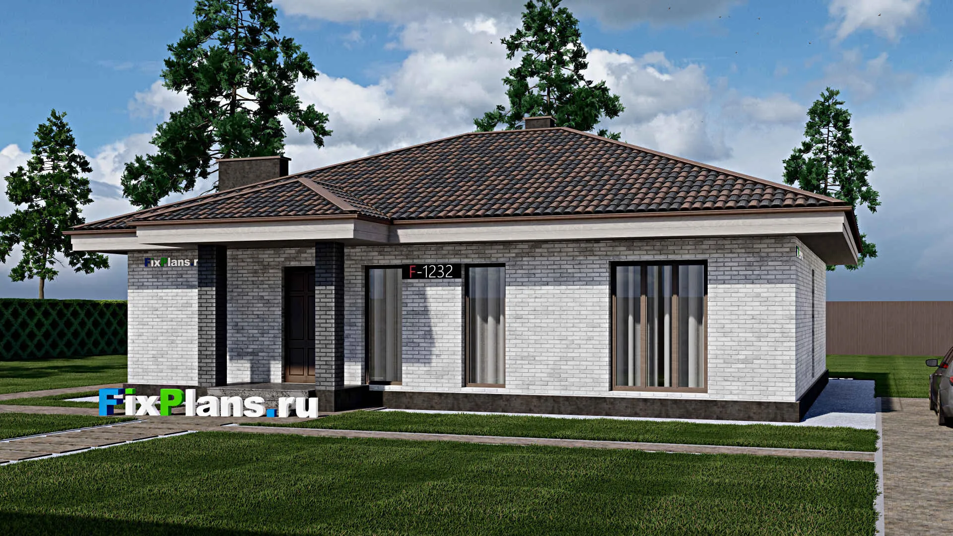 F-1232 - Проект одноэтажного дома 12 на 14, площадью 150 м² с террасой и 3 спальнями