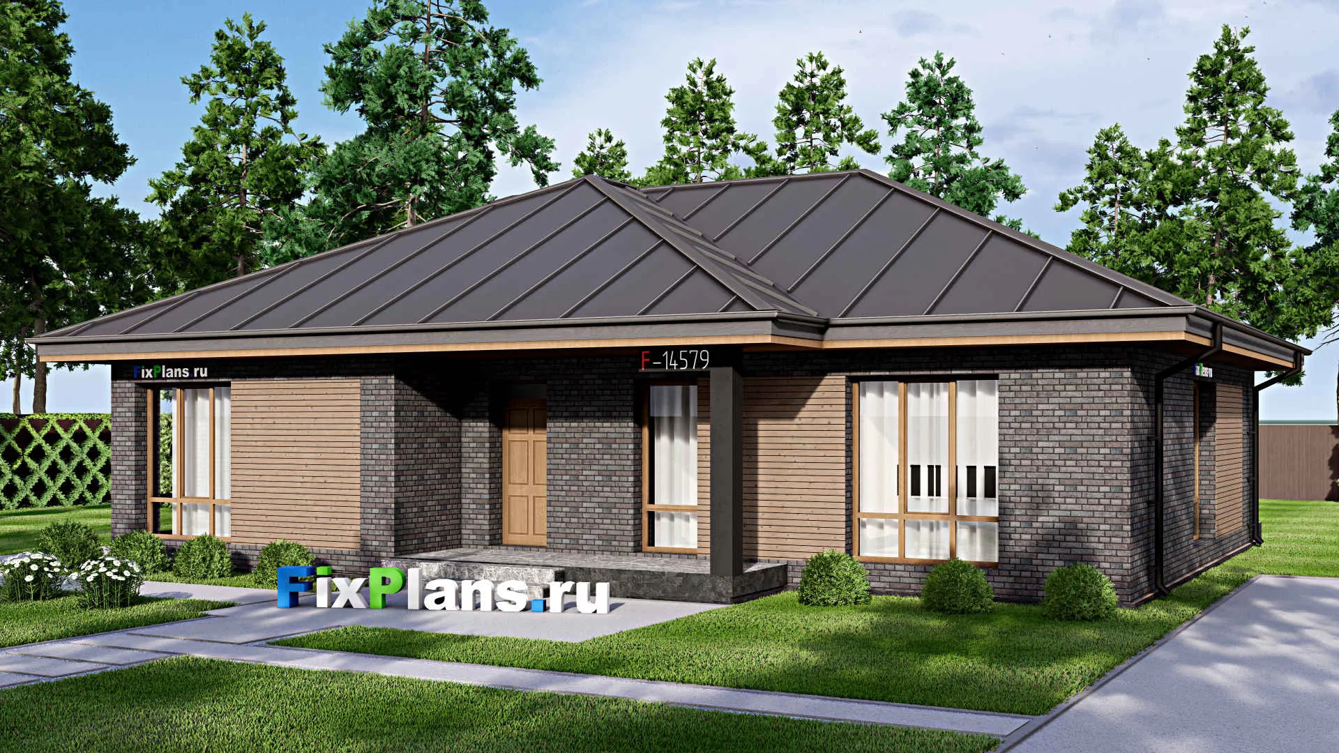 F-14579 - Проект одноэтажного дома 16 на 16, площадью 160 м² с террасой и 3 спальнями