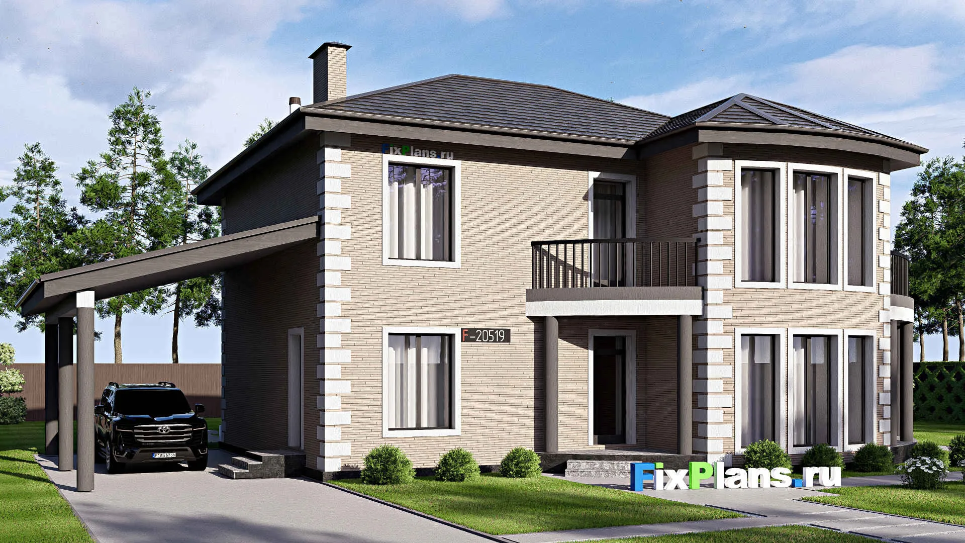 F-20519 - Проект двухэтажного дома 14 на 18, площадью 250 м² с террасой, балконом и 5 спальнями