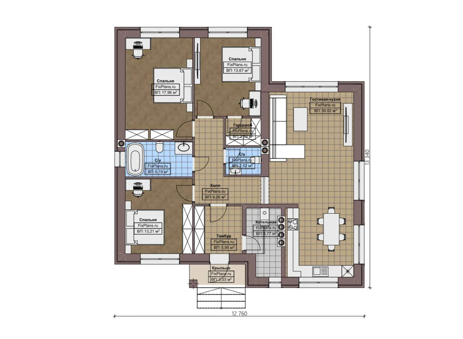 F-3680 - План одноэтажного дома 13 на 14, площадью 120 м² с 3 спальнями