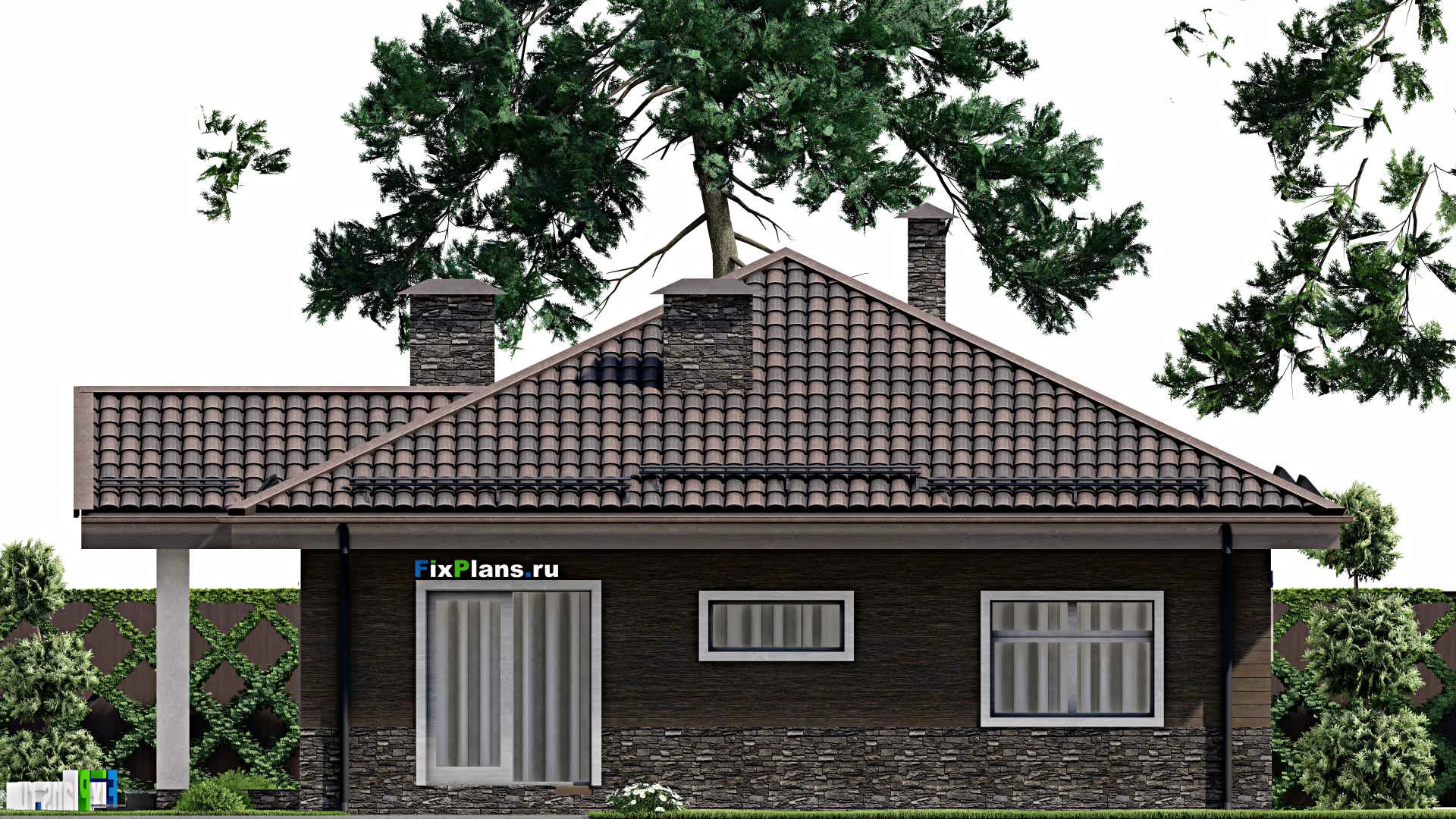 F-6938 - Проект одноэтажного дома 12 на 17, площадью 140 м² с террасой, баней и 3 спальнями