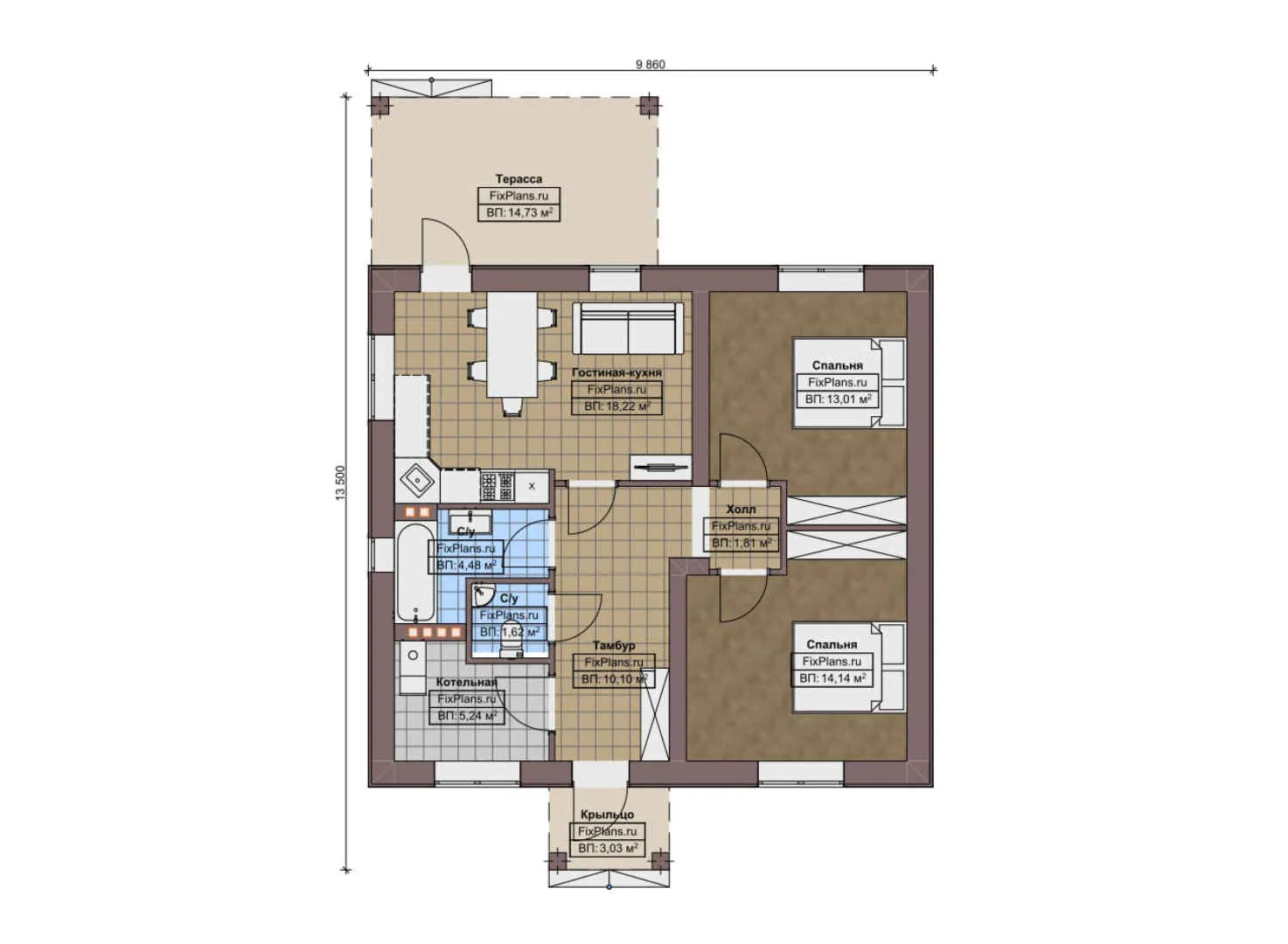 F-9764 - План одноэтажного дома 10 на 14, площадью 90 м² с террасой и 2 спальнями