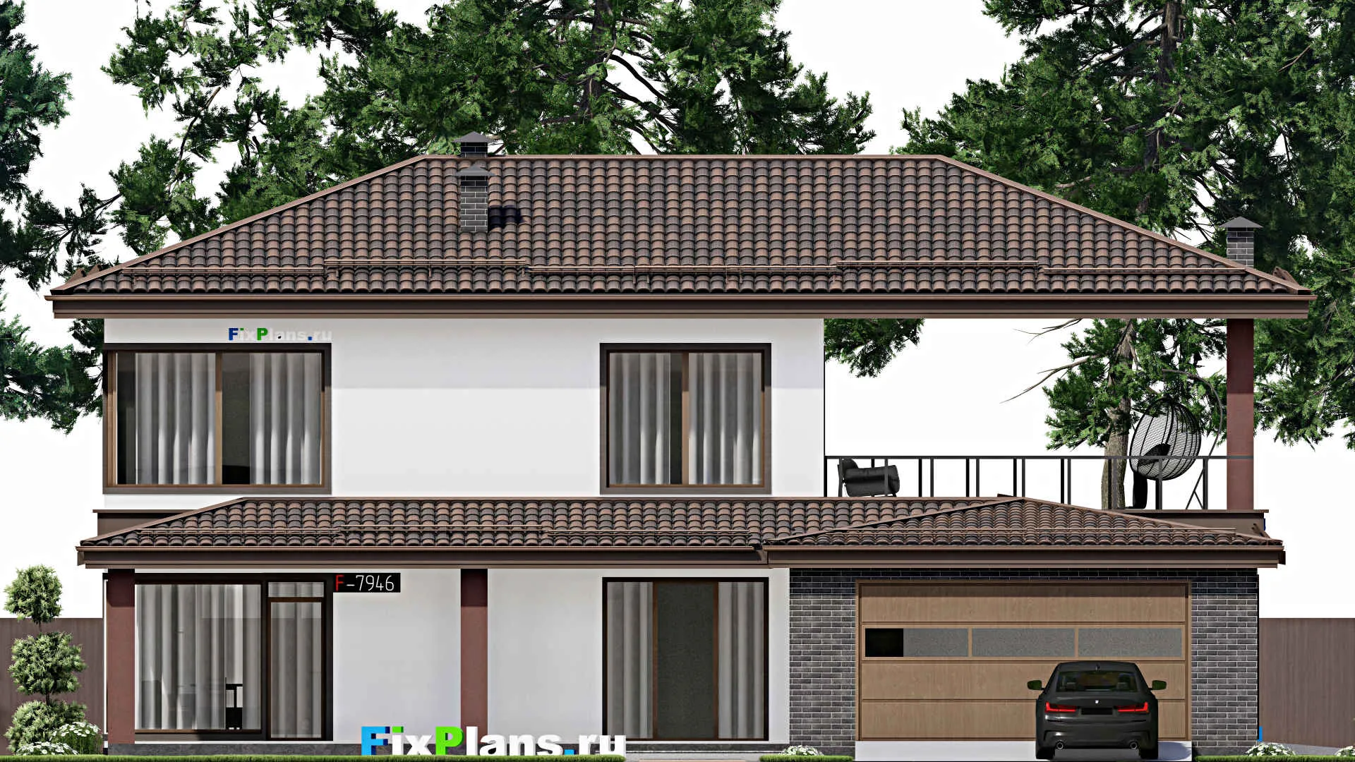 F-7946 - Проект двухэтажного дома 15 на 18, площадью 310 м² с террасой, баней, гаражом на 2 машины и 2 спальнями