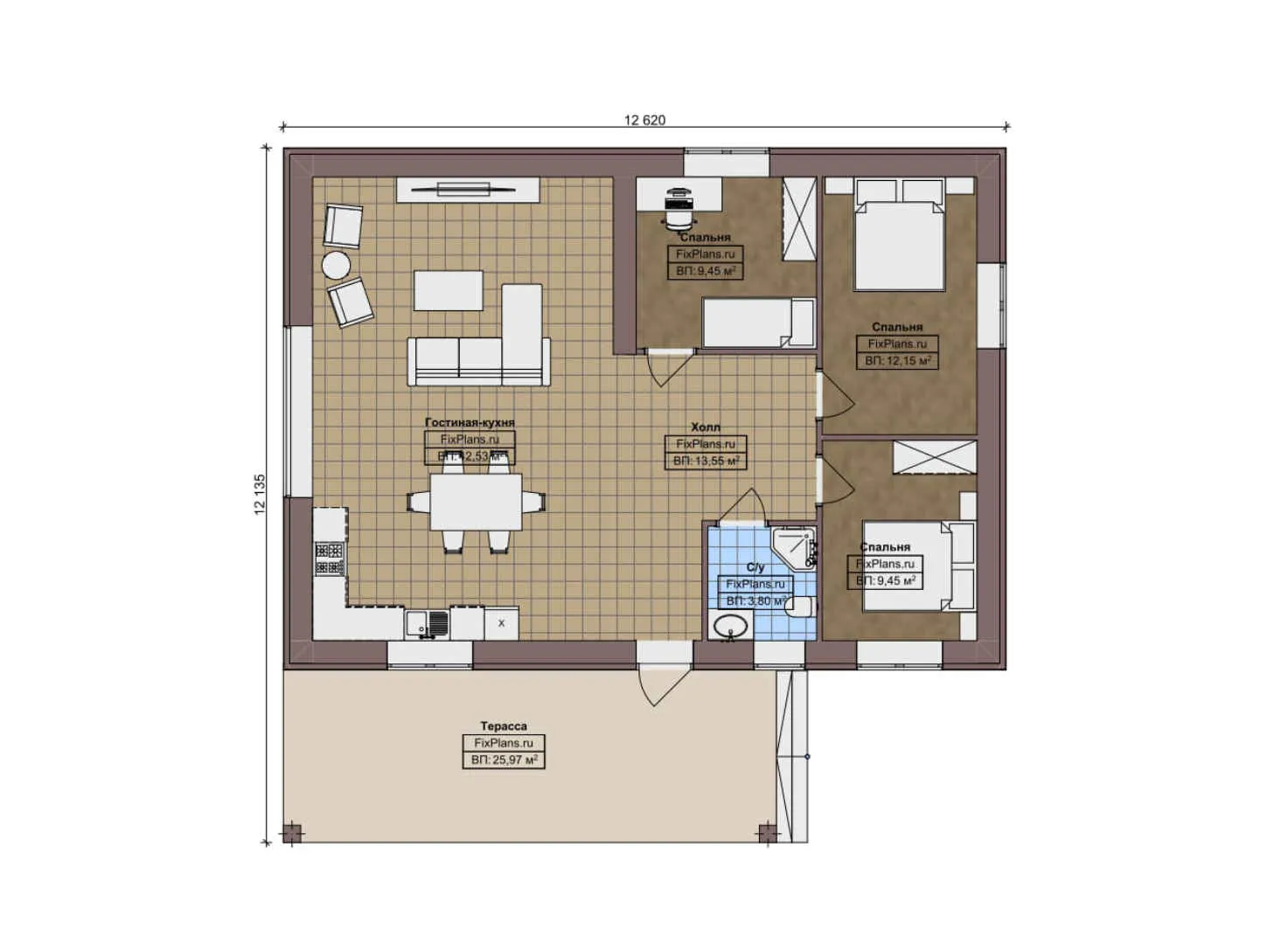F-10646 - План одноэтажного дома 13 на 13, площадью 120 м² с террасой и 3 спальнями