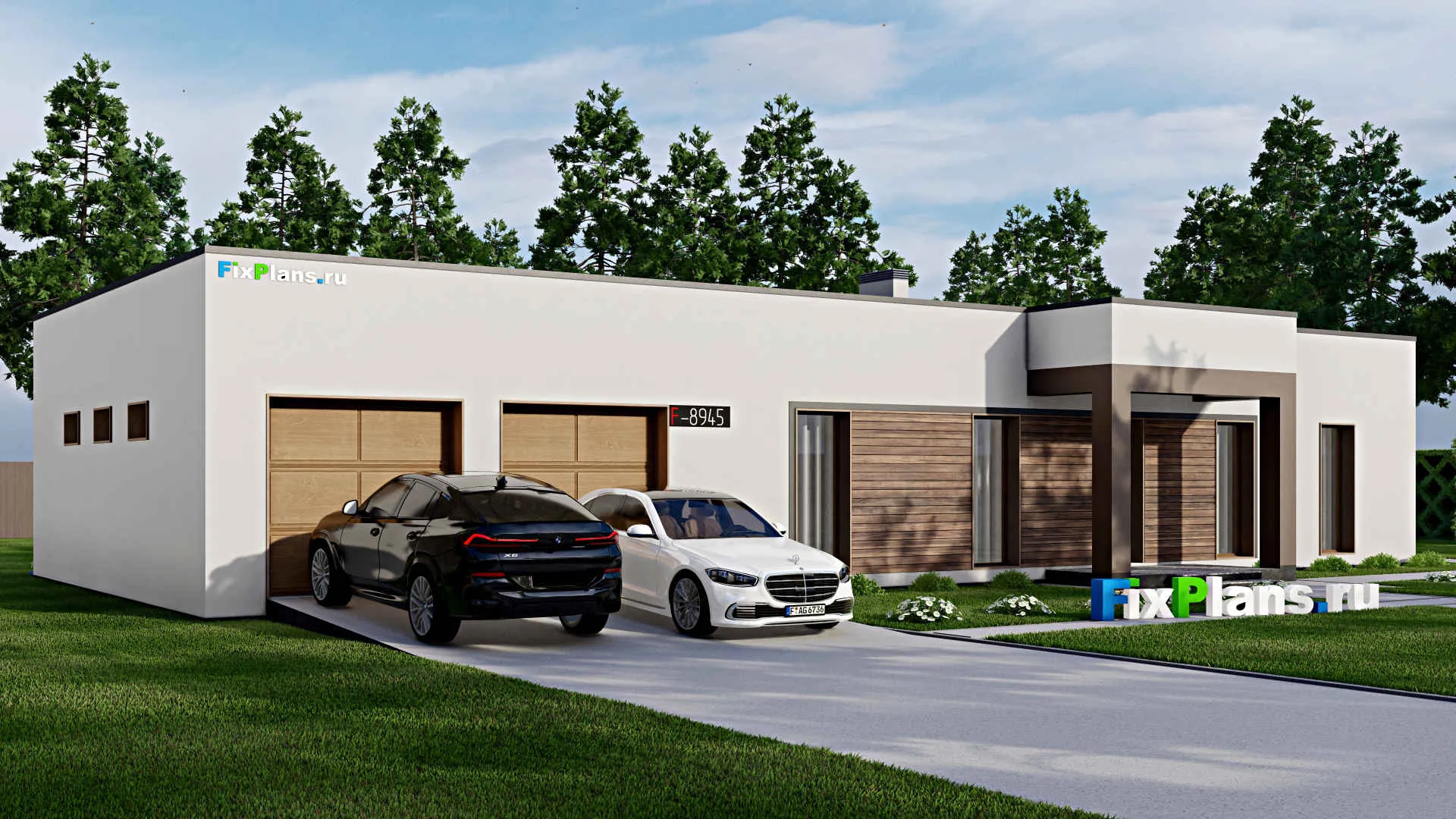 F-8945 - Проект одноэтажного дома 18 на 23, площадью 260 м² с террасой, баней, гаражом на 2 машины, спортзалом и 2 спальнями