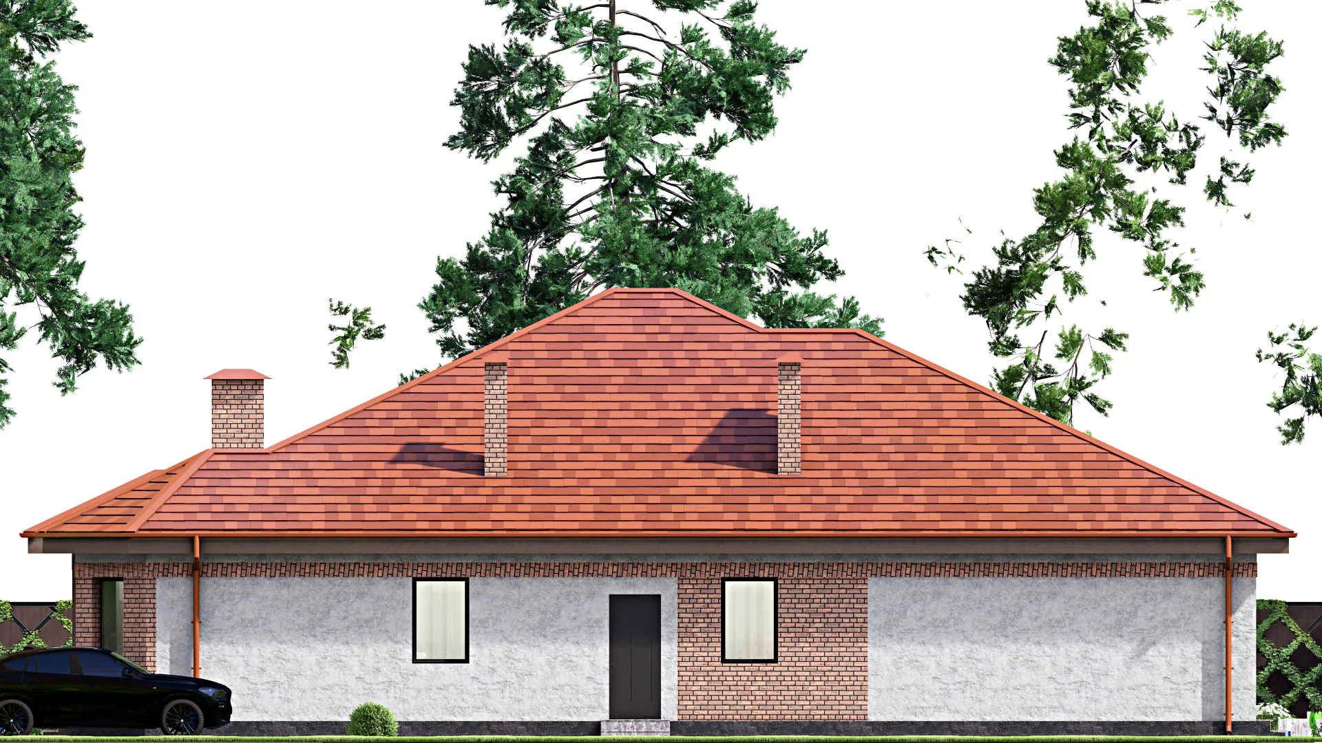 F-15425 - План одноэтажного дома 17 на 21, площадью 280 м² с террасой, баней, бассейном и 2 спальнями