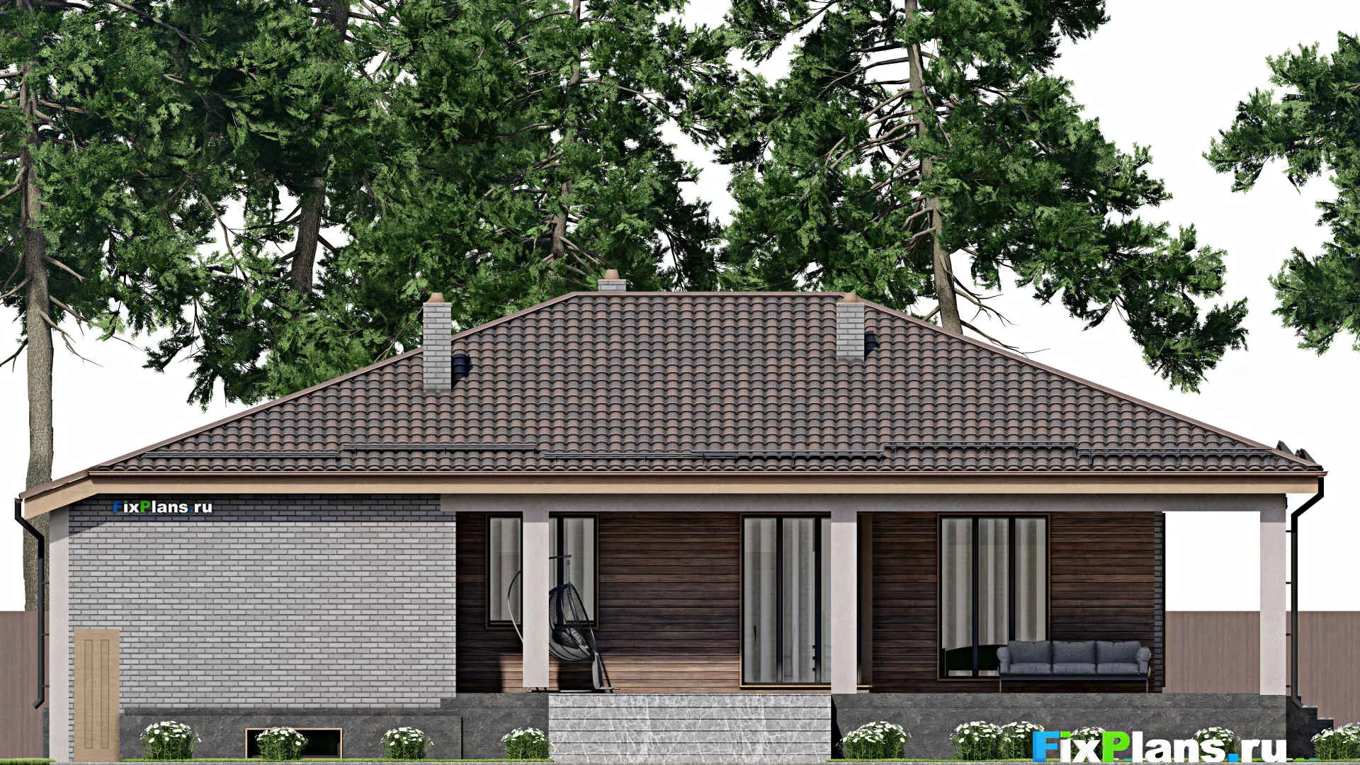 F-8243 - Проект одноэтажного дома 14 на 20, площадью 290 м² с террасой, цокольным этажом, гаражом на 1 машину и 3 спальнями