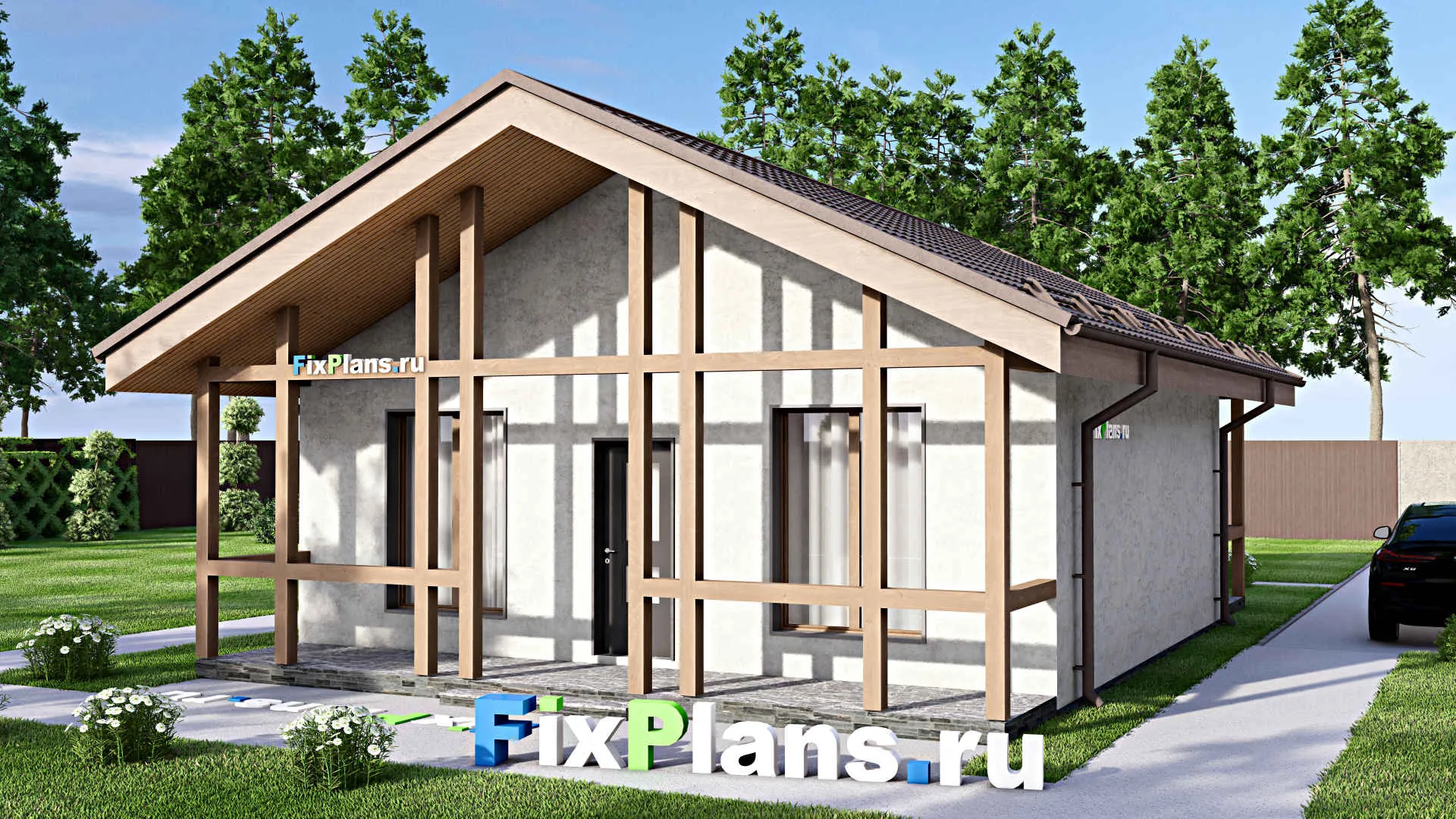 F-12653 - План одноэтажного дома 9 на 12, площадью 90 м² с террасой и 2 спальнями