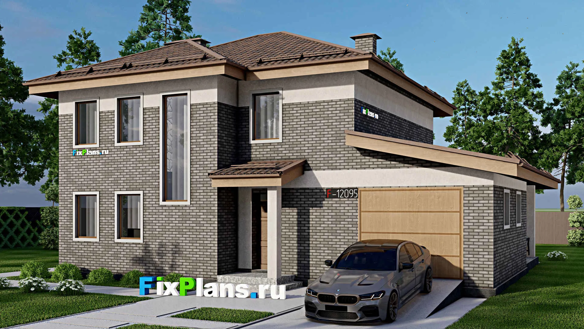 F-12095 - Проект двухэтажного дома 13 на 15, площадью 200 м² с террасой, гаражом на 1 машину и 3 спальнями