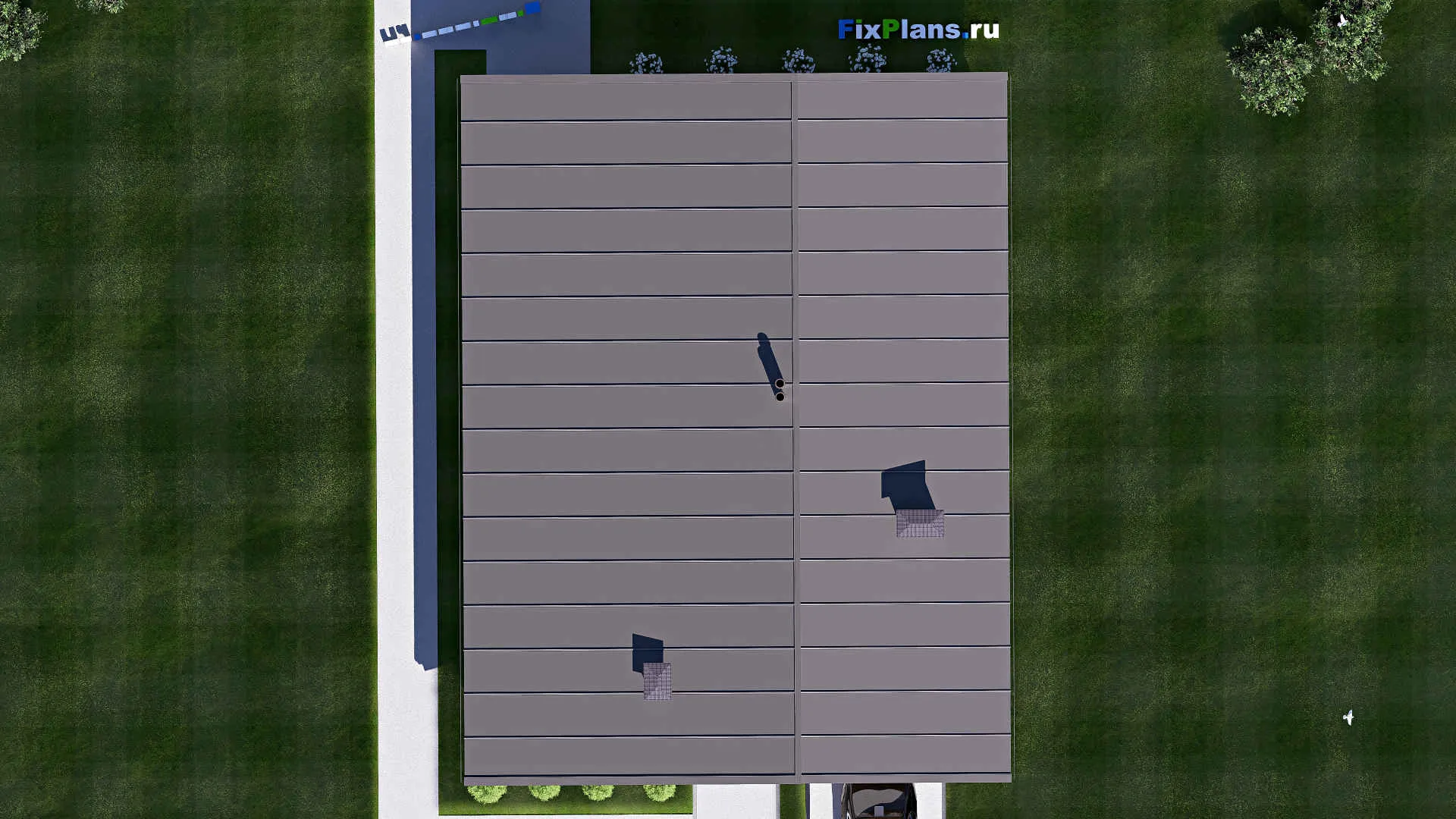 F-19970 - Проект одноэтажного дома 13 на 17, площадью 170 м² с террасой, гаражом на 1 машину и 3 спальнями