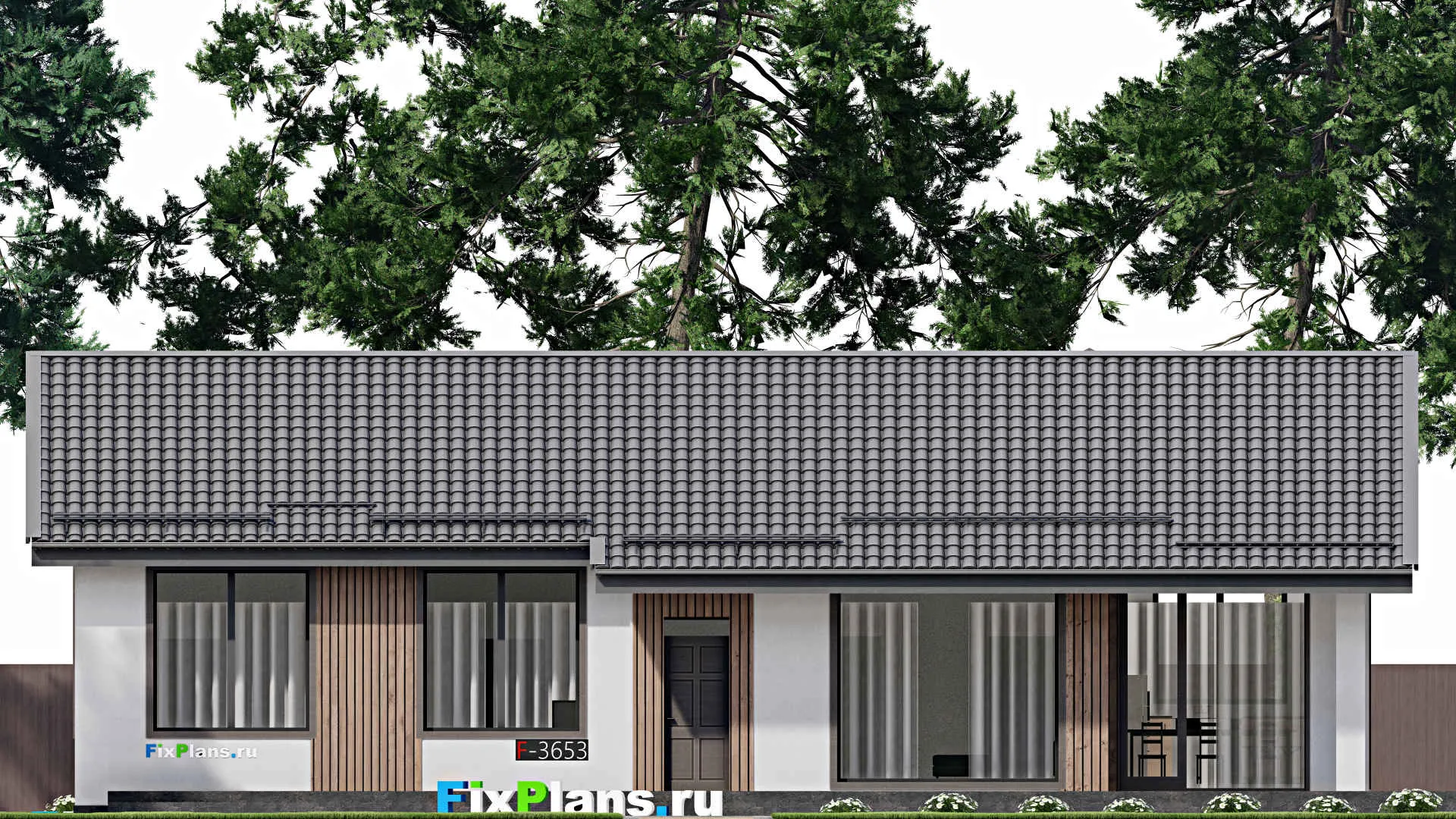 F-3653 - Проект одноэтажного дома 13 на 20, площадью 200 м² с террасой и 4 спальнями