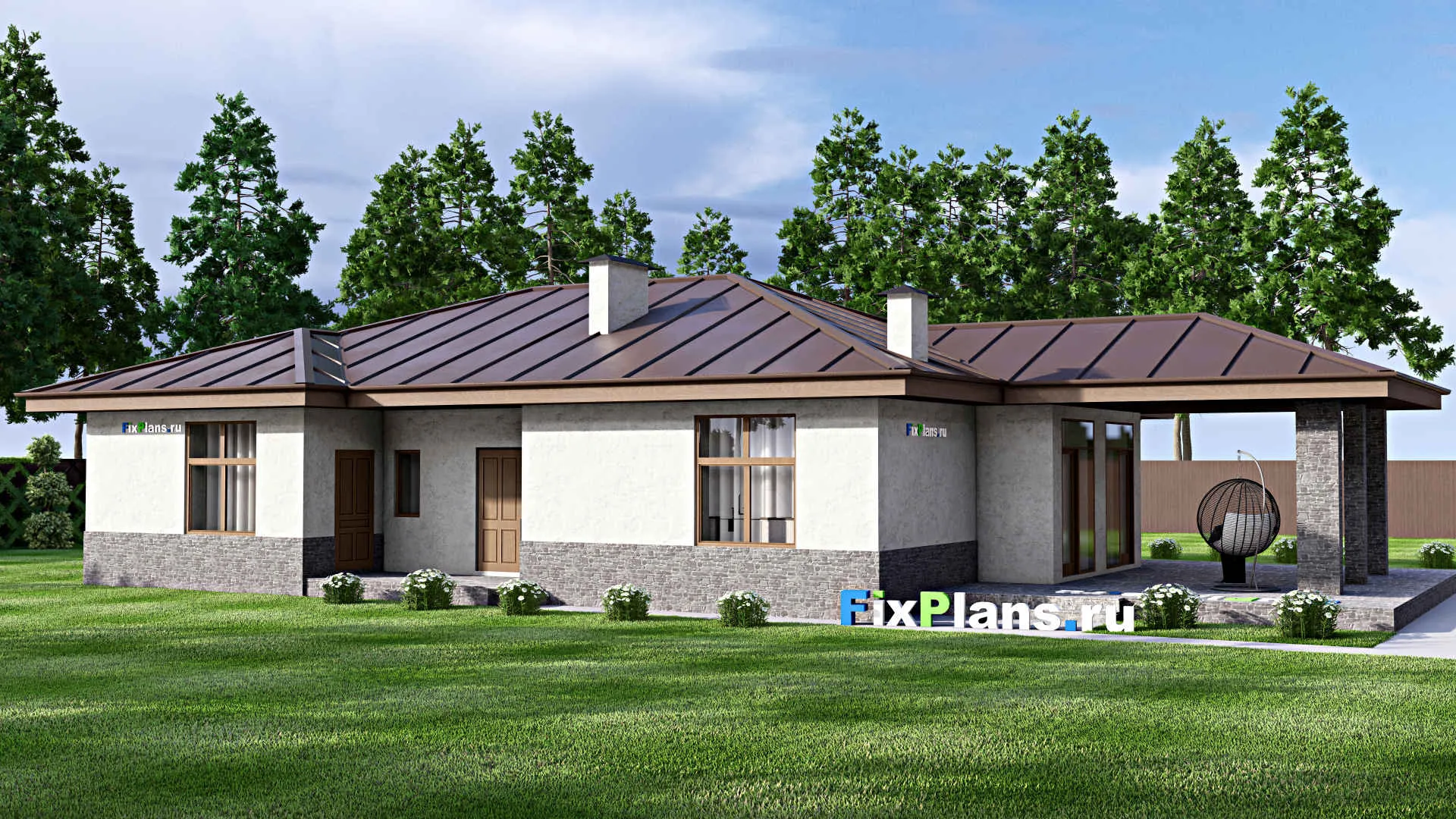 F-14813 - Проект одноэтажного дома 14 на 24, площадью 230 м² с террасой и 3 спальнями