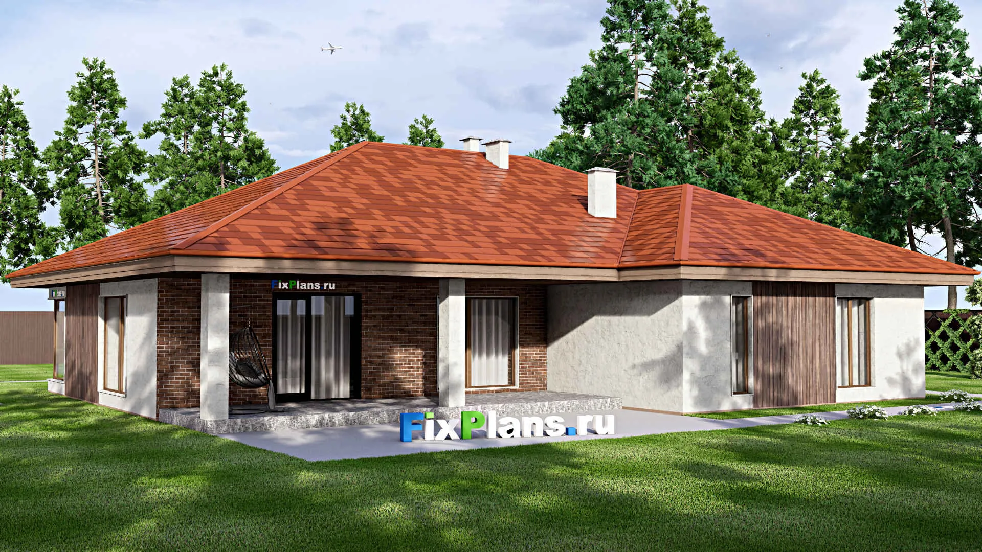 F-14228 - Проект одноэтажного дома 16 на 19, площадью 220 м² с террасой, баней и 3 спальнями