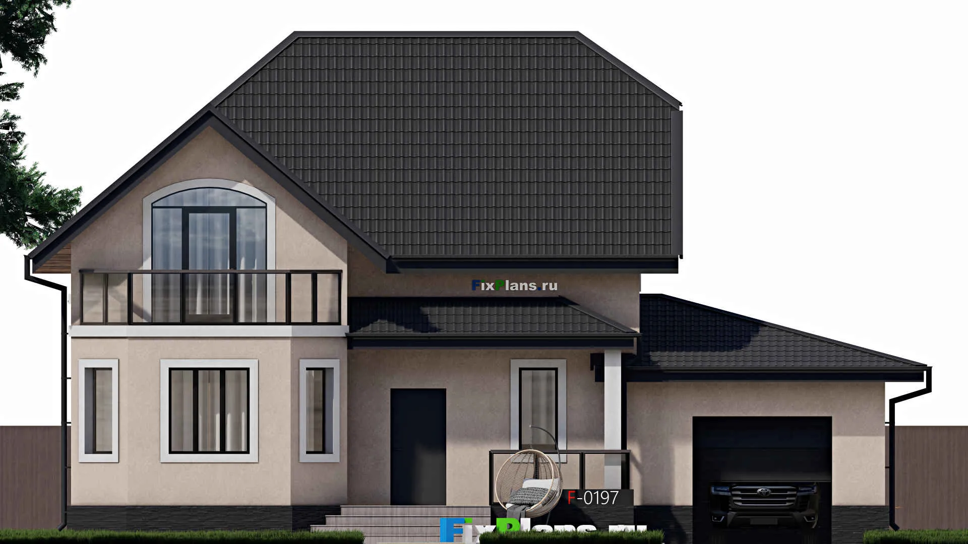 F-0197i - Проект дома с мансардой 11 на 15, площадью 160 м² с террасой, балконом, гаражом на 1 машину и 4 спальнями