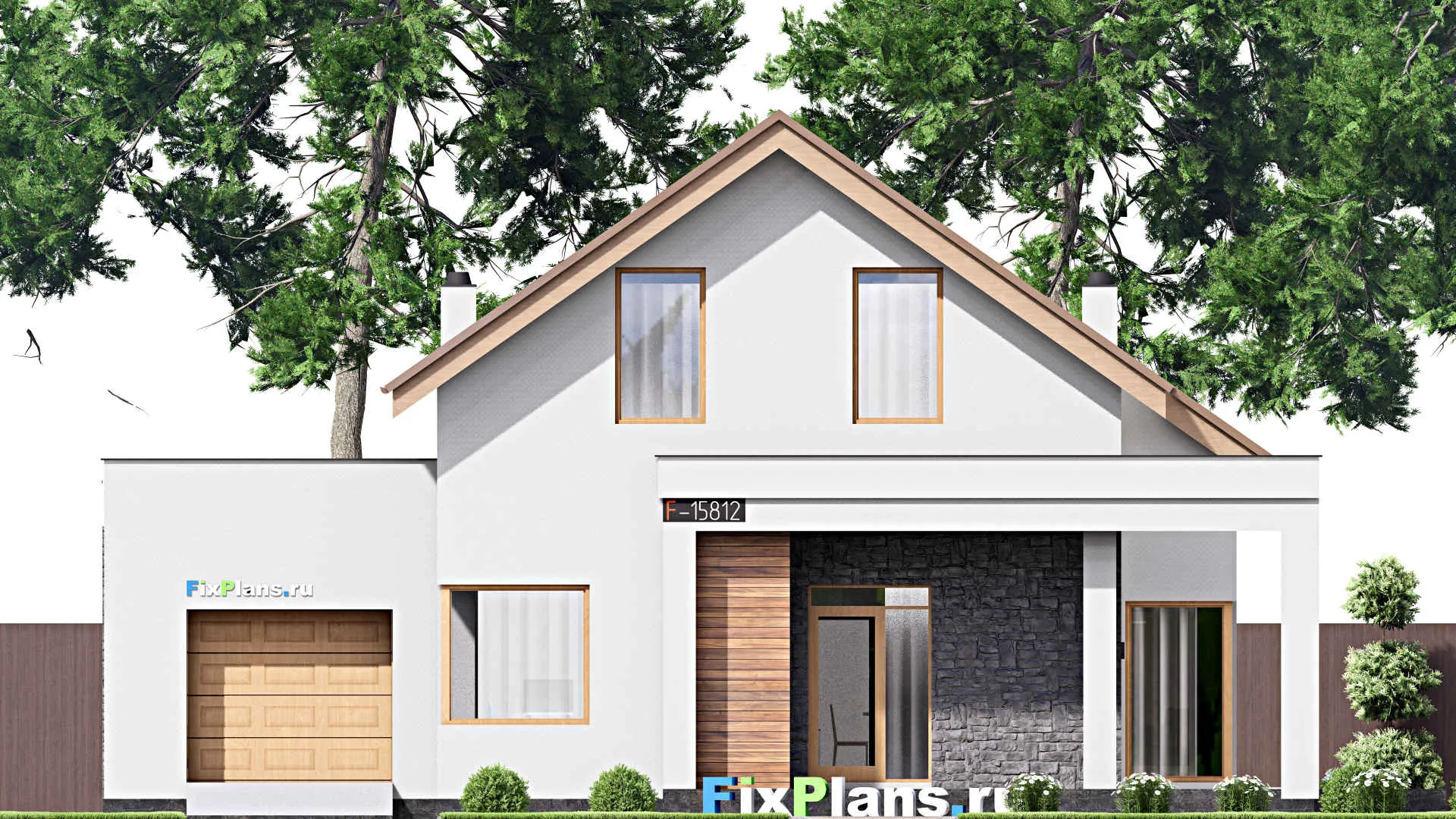 F-15812 - Проект дома с мансардой 17 на 19, площадью 300 м² с террасой, балконом, гаражом на 1 машину и 3 спальнями