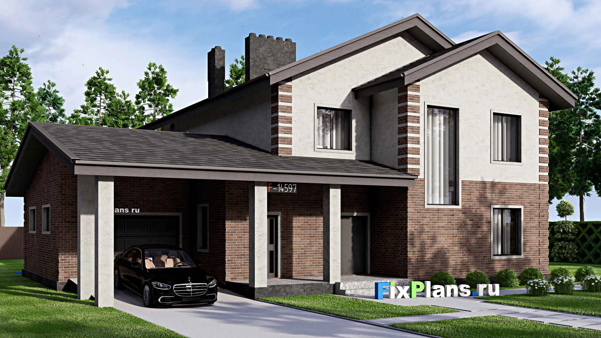 F-14597 - Проект двухэтажного дома 16 на 17, площадью 330 м² с террасой, балконом, гаражом на 2 машины и 4 спальнями