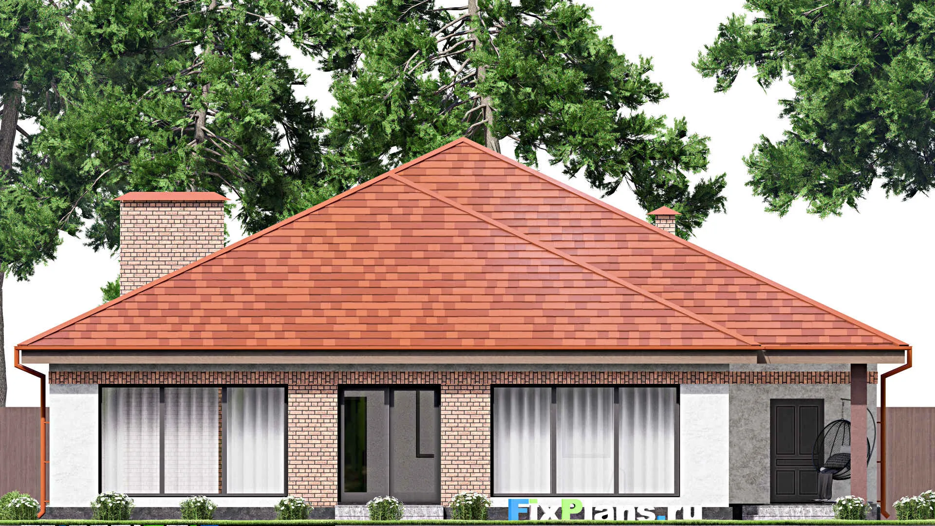 F-15425 - План одноэтажного дома 17 на 21, площадью 280 м² с террасой, баней, бассейном и 2 спальнями