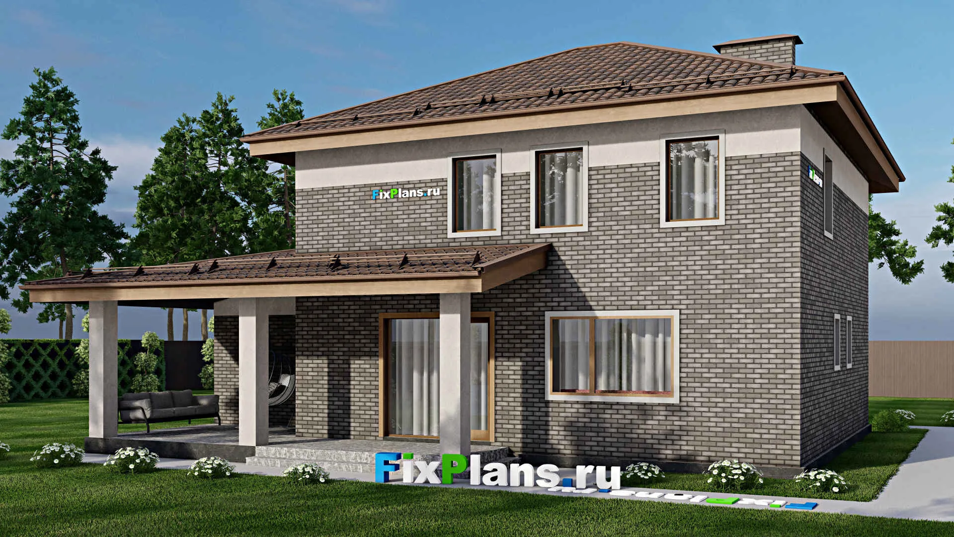 F-12095 - Проект двухэтажного дома 13 на 15, площадью 200 м² с террасой, гаражом на 1 машину и 3 спальнями