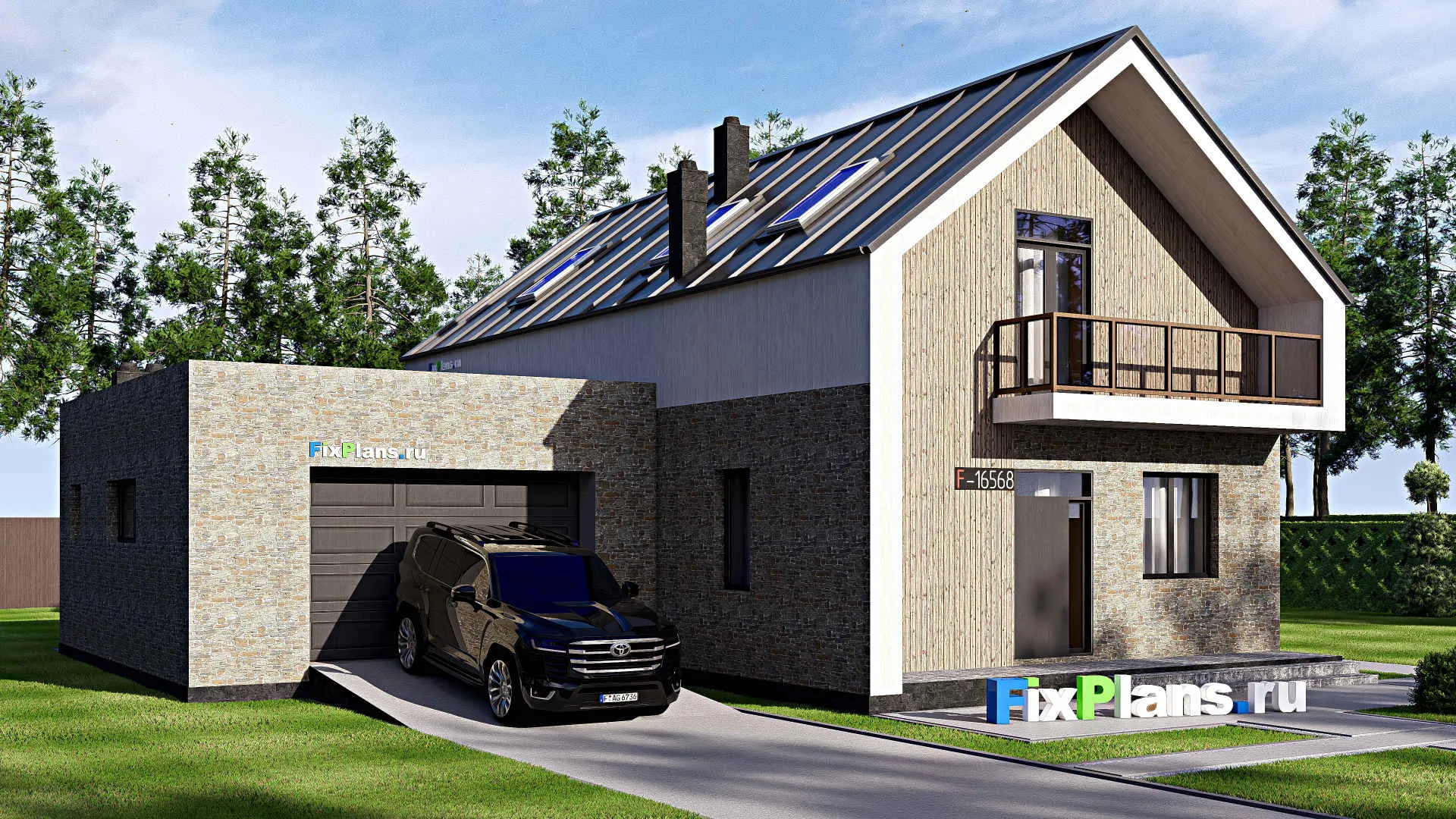 F-16568 - Проект дома с мансардой 15 на 18, площадью 270 м² с террасой, балконом, гаражом на 2 машины и 3 спальнями