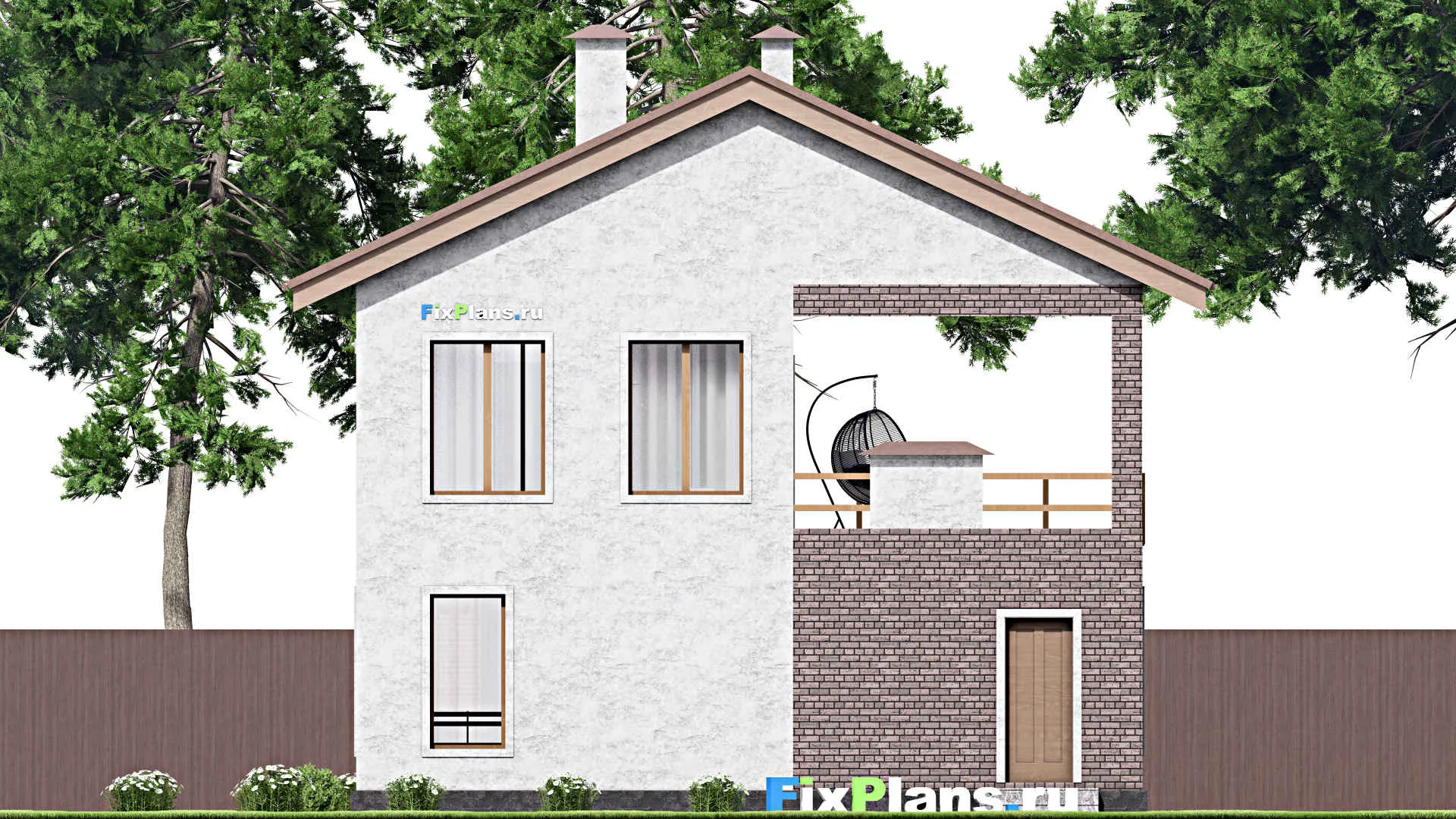 F-14255 - Проект двухэтажного дома 10 на 10, площадью 140 м² с балконом, баней, гаражом на 1 машину и 2 спальнями