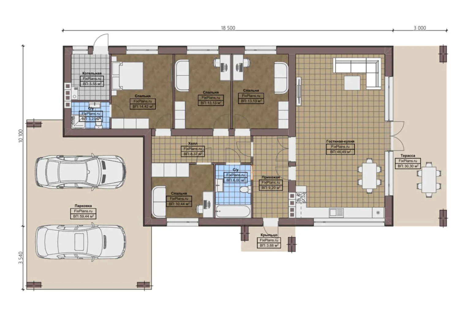 F-0305 - План одноэтажного дома 11 на 19, площадью 220 м² с террасой и 4 спальнями
