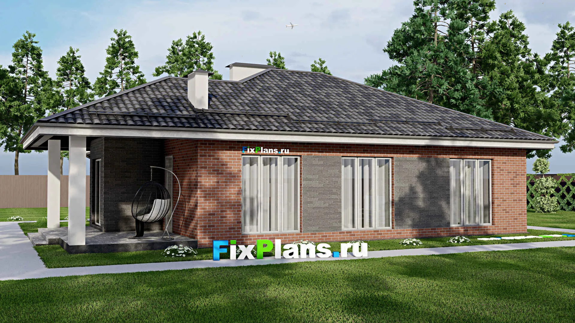 F-5894 - Проект одноэтажного дома 15 на 18, площадью 170 м² с террасой, баней и 3 спальнями