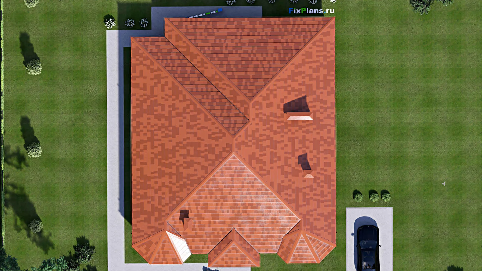 F-15425 - План одноэтажного дома 17 на 21, площадью 280 м² с террасой, баней, бассейном и 2 спальнями