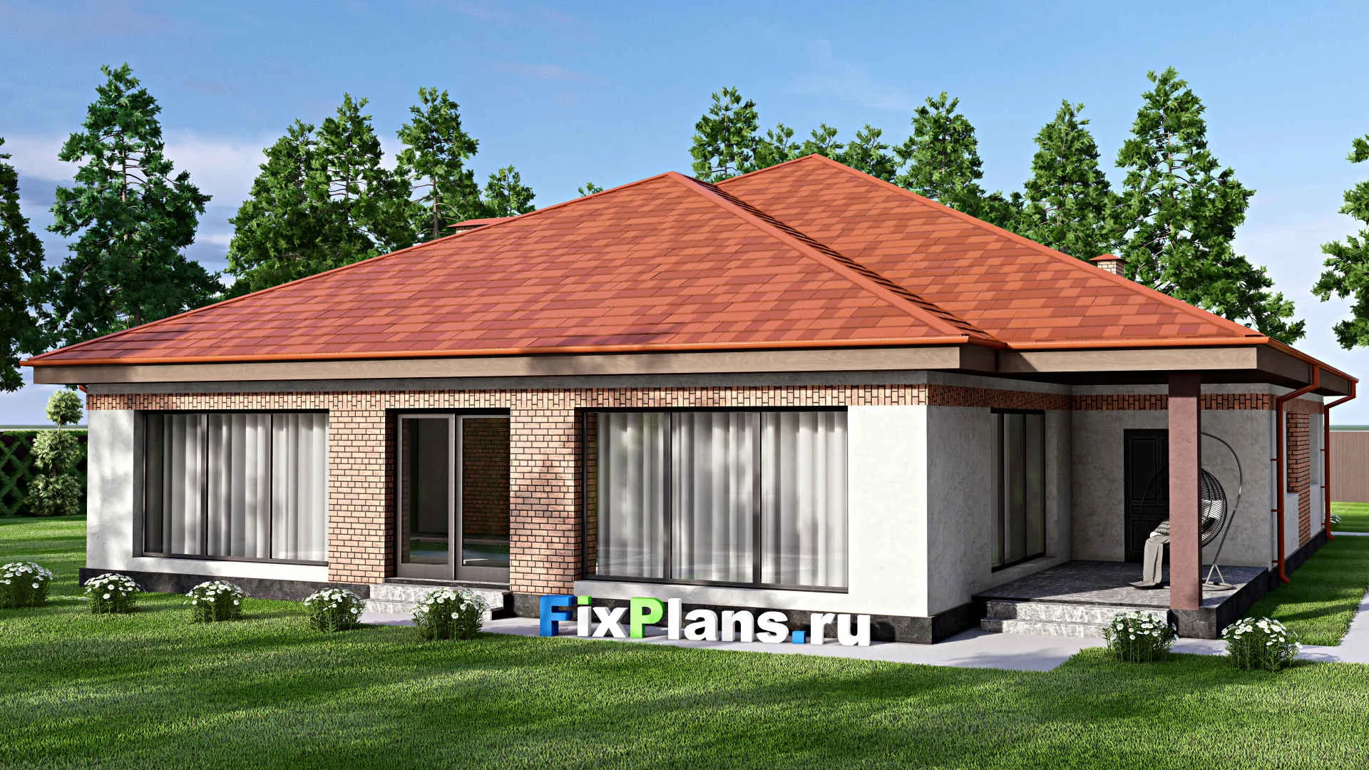 F-15425 - План одноэтажного дома 17 на 21, площадью 280 м² с террасой, баней, бассейном и 2 спальнями