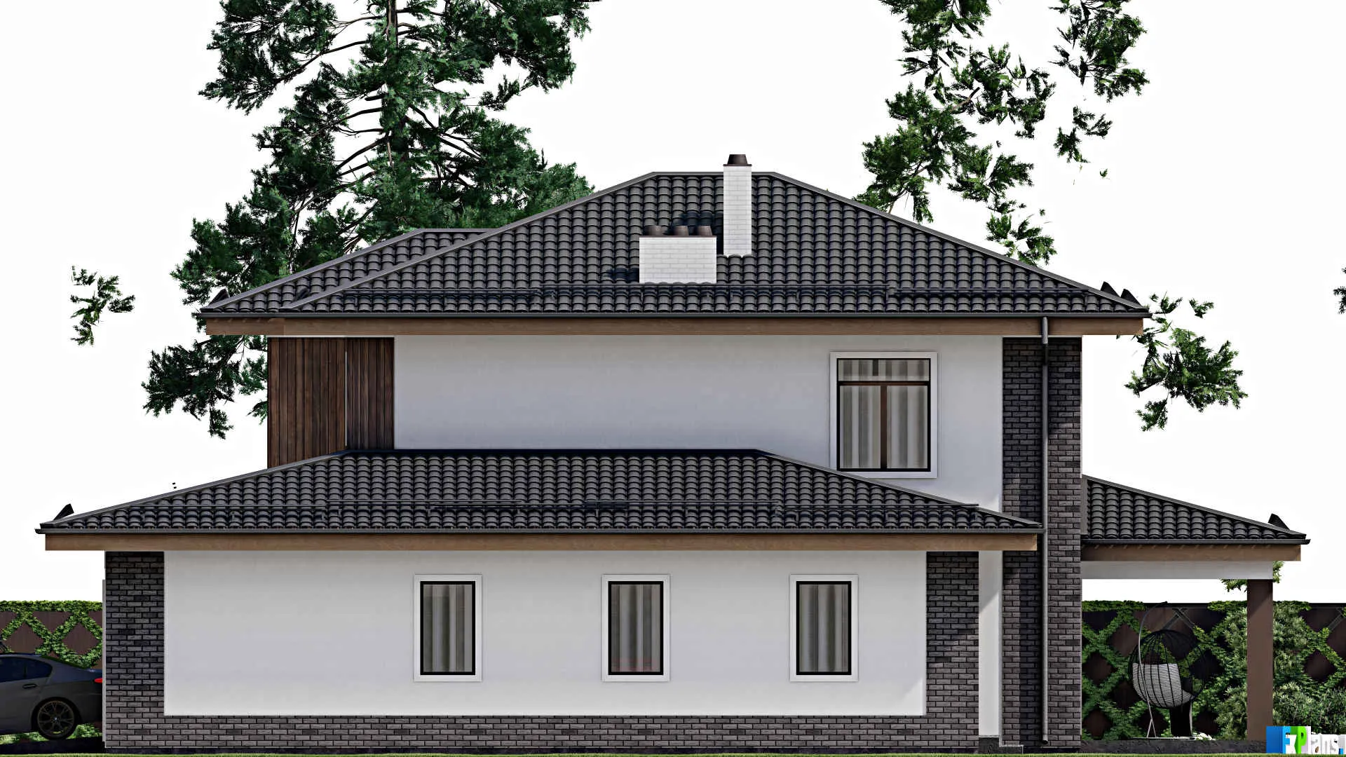 F-9386 - Проект двухэтажного дома 13 на 19, площадью 240 м² с террасой, гаражом на 1 машину и 4 спальнями