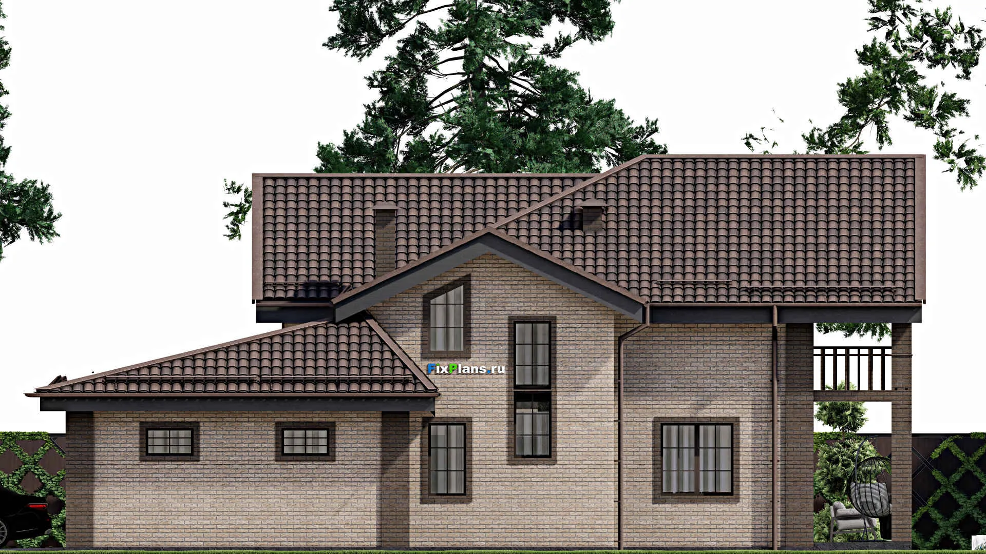 F-6407 - Планы дома с мансардой 15 на 16, площадью 260 м² с террасой, балконом, гаражом на 2 машины и 5 спальнями