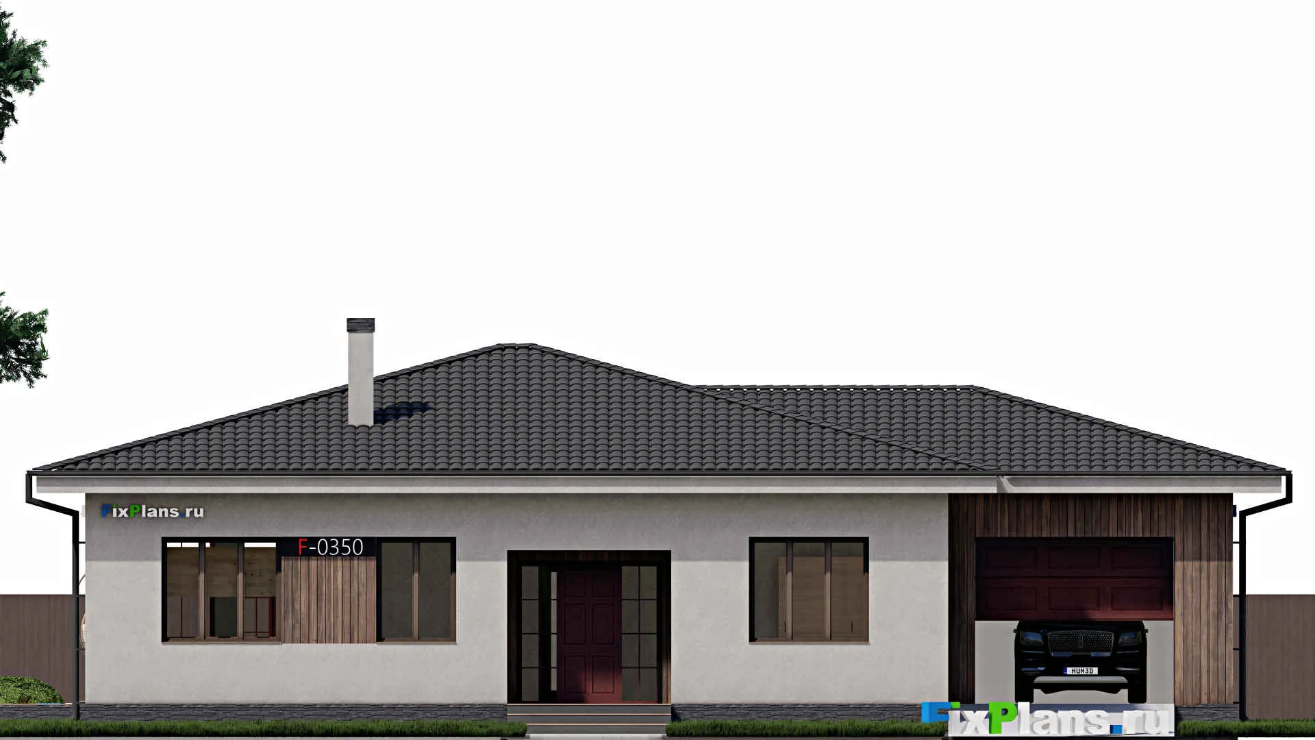 F-0350 - План одноэтажного дома 13 на 18, площадью 220 м² с террасой, гаражом на 1 машину и 3 спальнями
