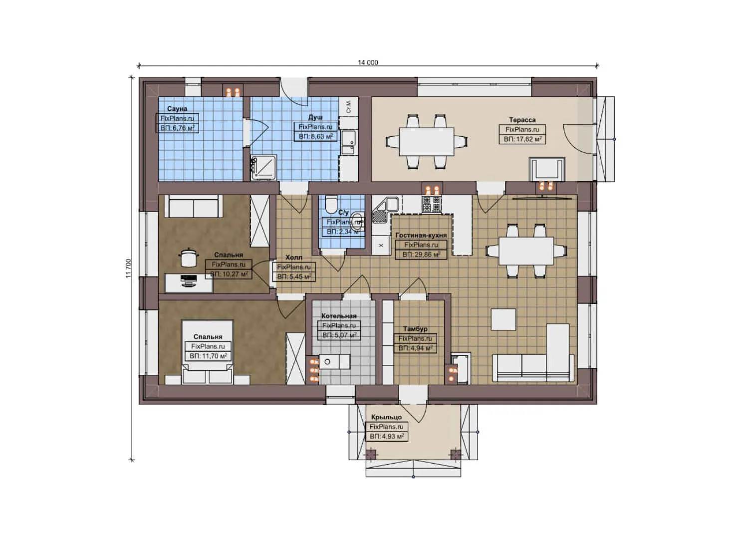 F-9188 - План одноэтажного дома 12 на 14, площадью 110 м² с террасой, баней и 2 спальнями