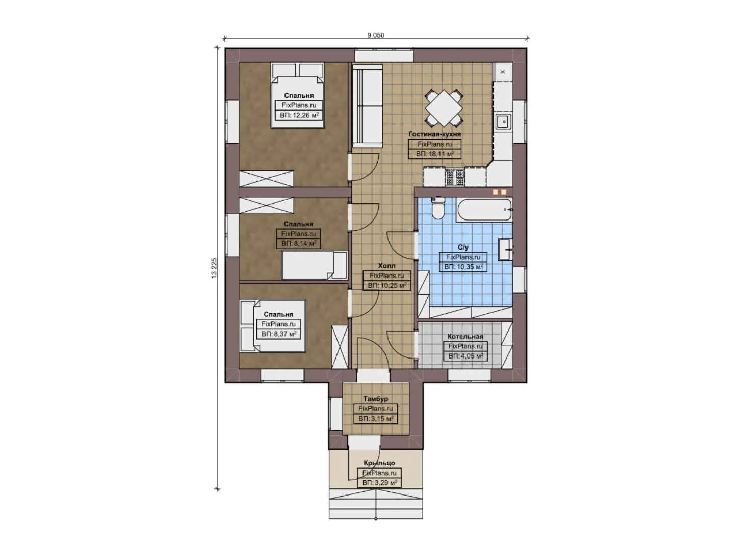 F-10403 - План одноэтажного дома 10 на 14, площадью 80 м² с 3 спальнями