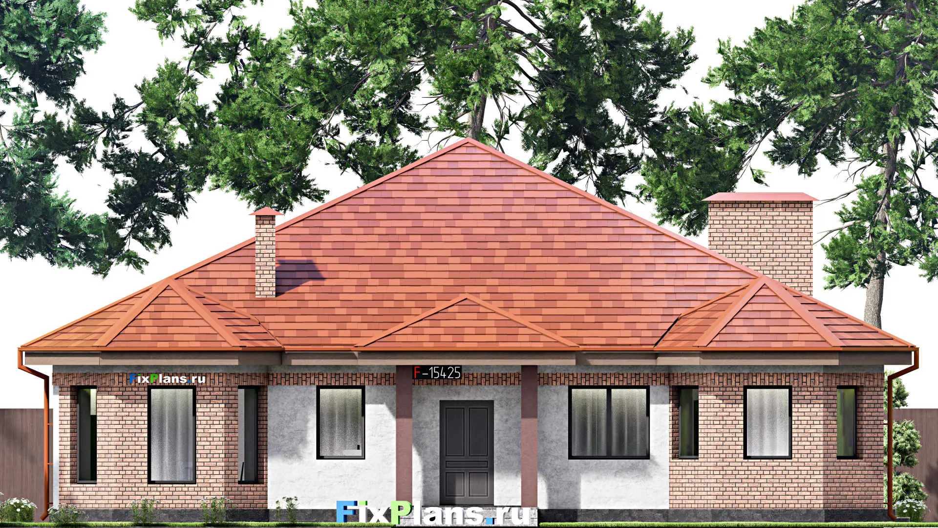 F-15425 - План одноэтажного дома 17 на 21, площадью 280 м² с террасой, баней, бассейном и 2 спальнями