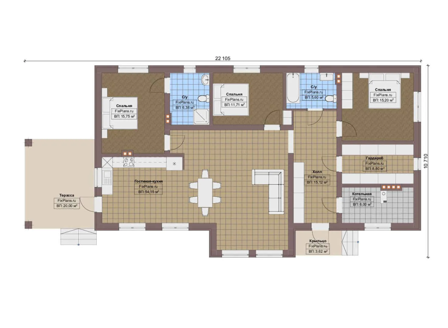 F-12923 - План одноэтажного дома 11 на 23, площадью 170 м² с террасой и 3 спальнями