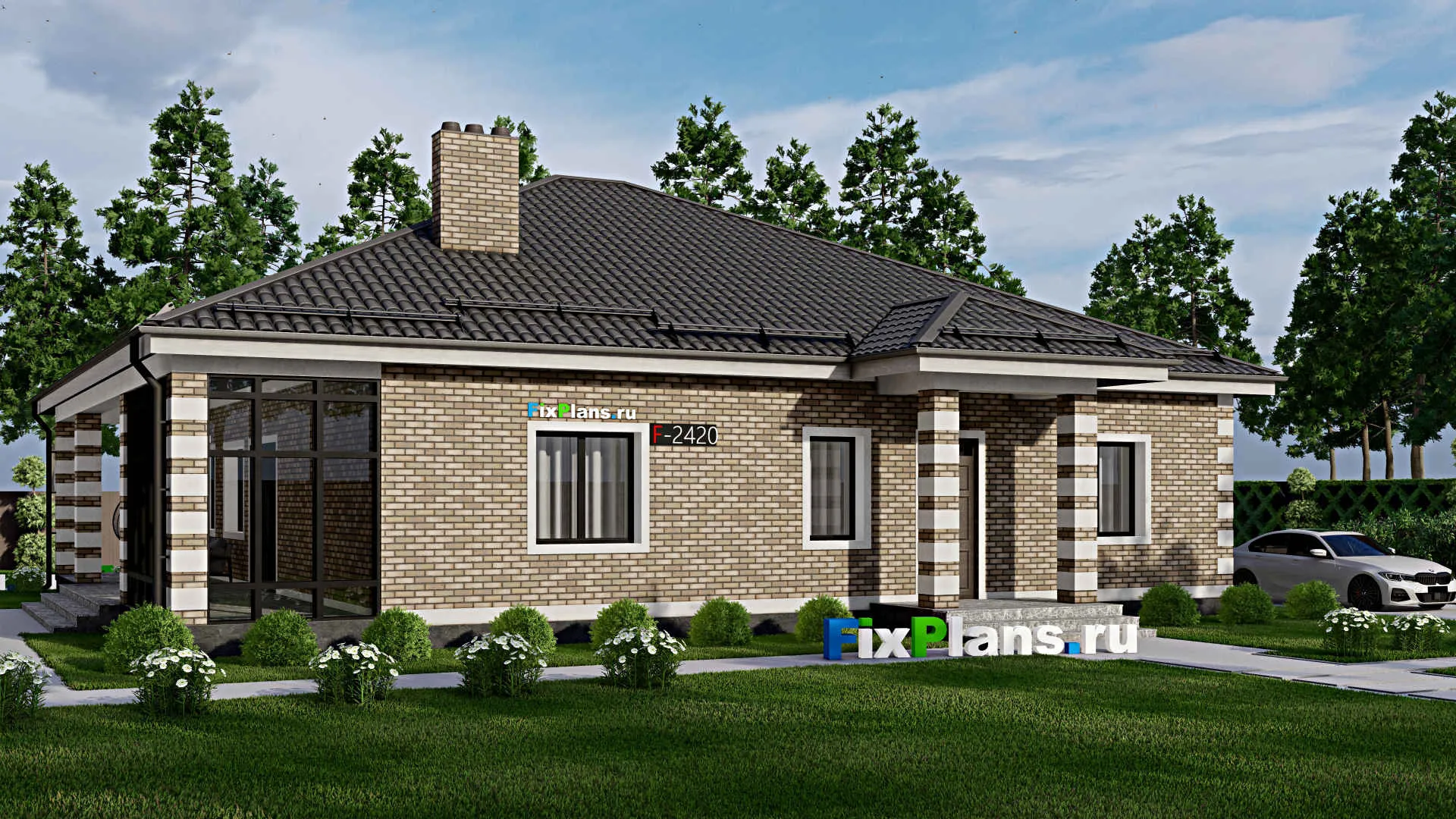 F-2420 - Проект одноэтажного дома 15 на 16, площадью 220 м² с террасой и 3 спальнями