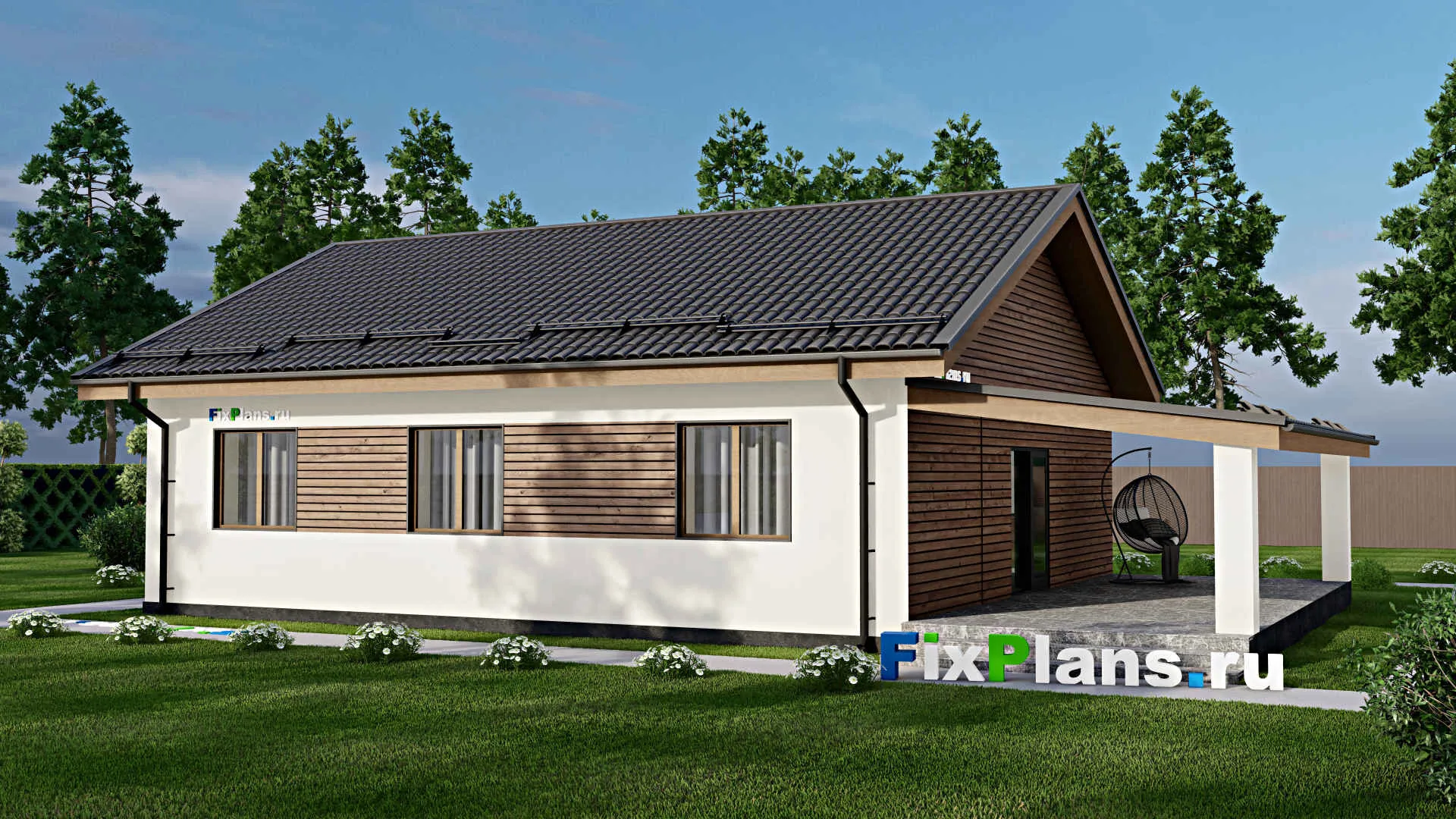 F-4643 - Проект одноэтажного дома 13 на 13, площадью 170 м² с террасой и 3 спальнями