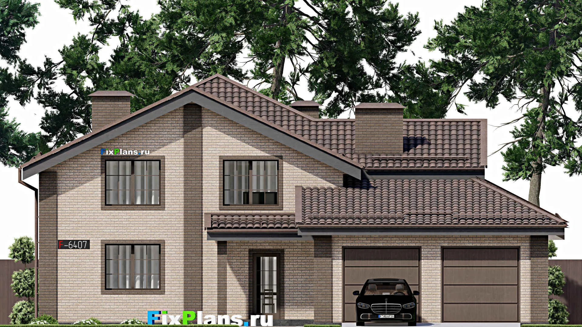 F-6407 - Планы дома с мансардой 15 на 16, площадью 260 м² с террасой, балконом, гаражом на 2 машины и 5 спальнями