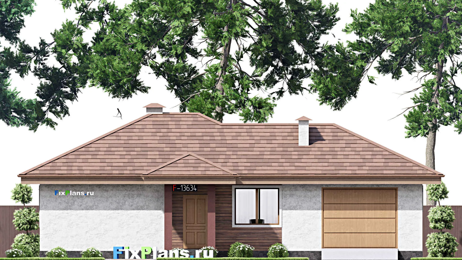 F-13634 - Проект одноэтажного дома 13 на 16, площадью 120 м² с террасой, гаражом на 1 машину и 2 спальнями