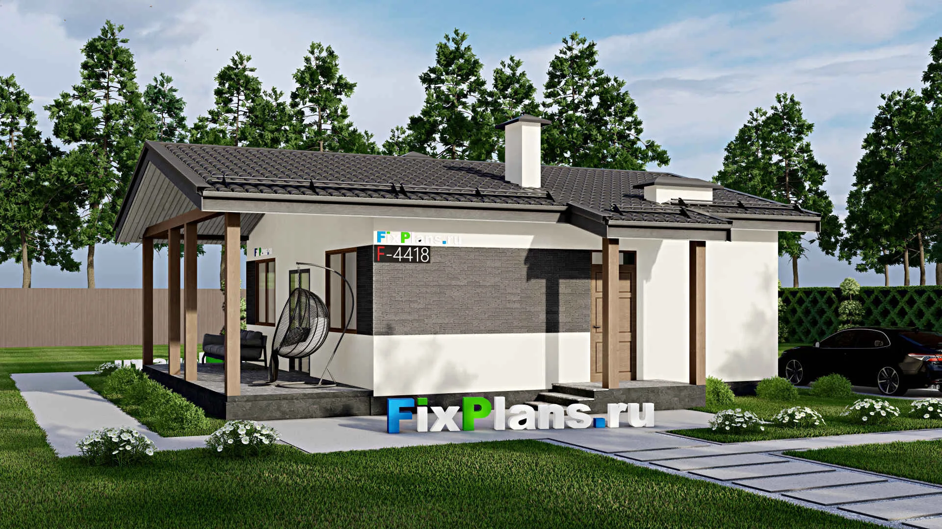 F-4418 - Проект одноэтажного дома 9 на 9, площадью 80 м² с террасой и 2 спальнями