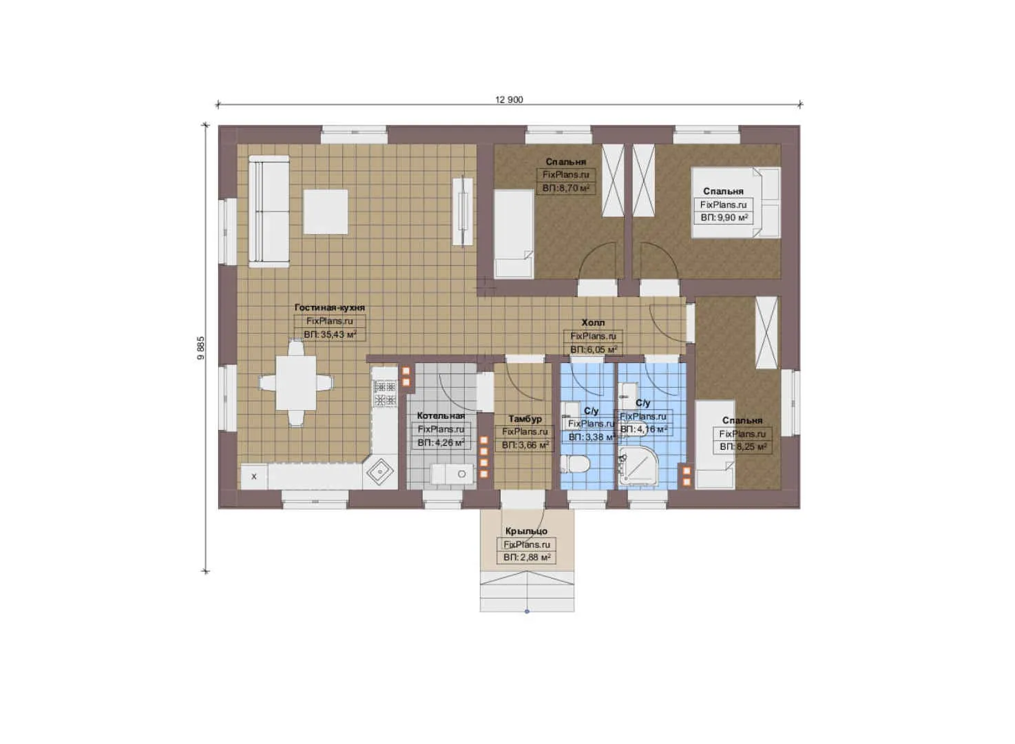 F-12725 - План одноэтажного дома 10 на 13, площадью 90 м² с 3 спальнями