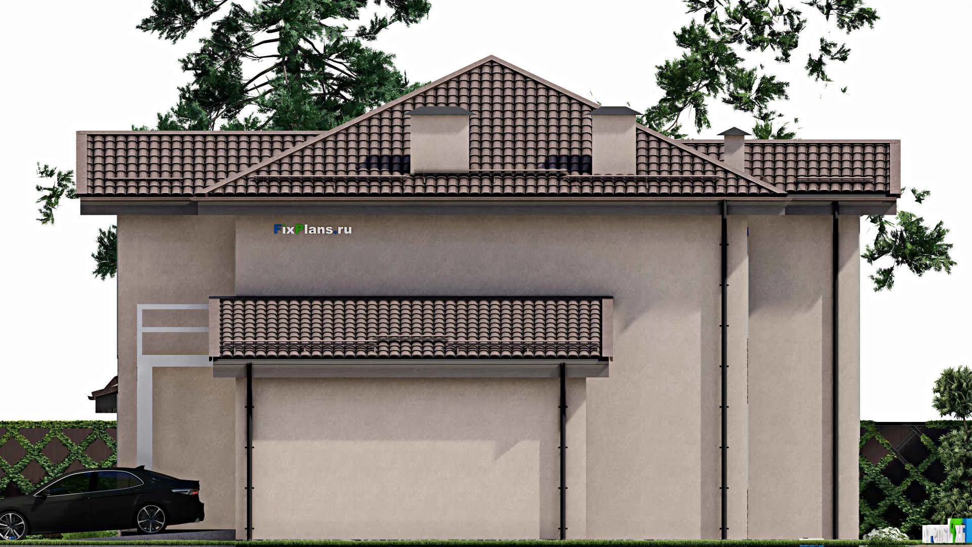 F-6362 - Проект двухэтажного дома 15 на 15, площадью 240 м² с террасой, балконом, баней, гаражом на 1 машину и 3 спальнями