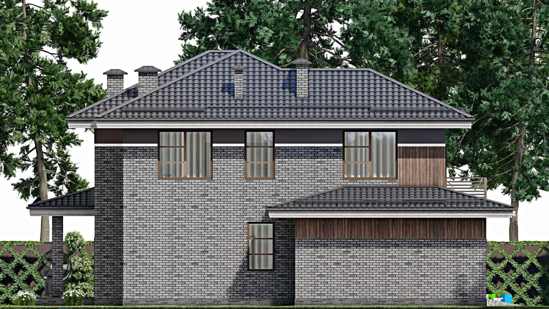 F-9989 - Проект двухэтажного дома 17 на 18, площадью 270 м² с террасой, балконом, гаражом на 2 машины и 3 спальнями