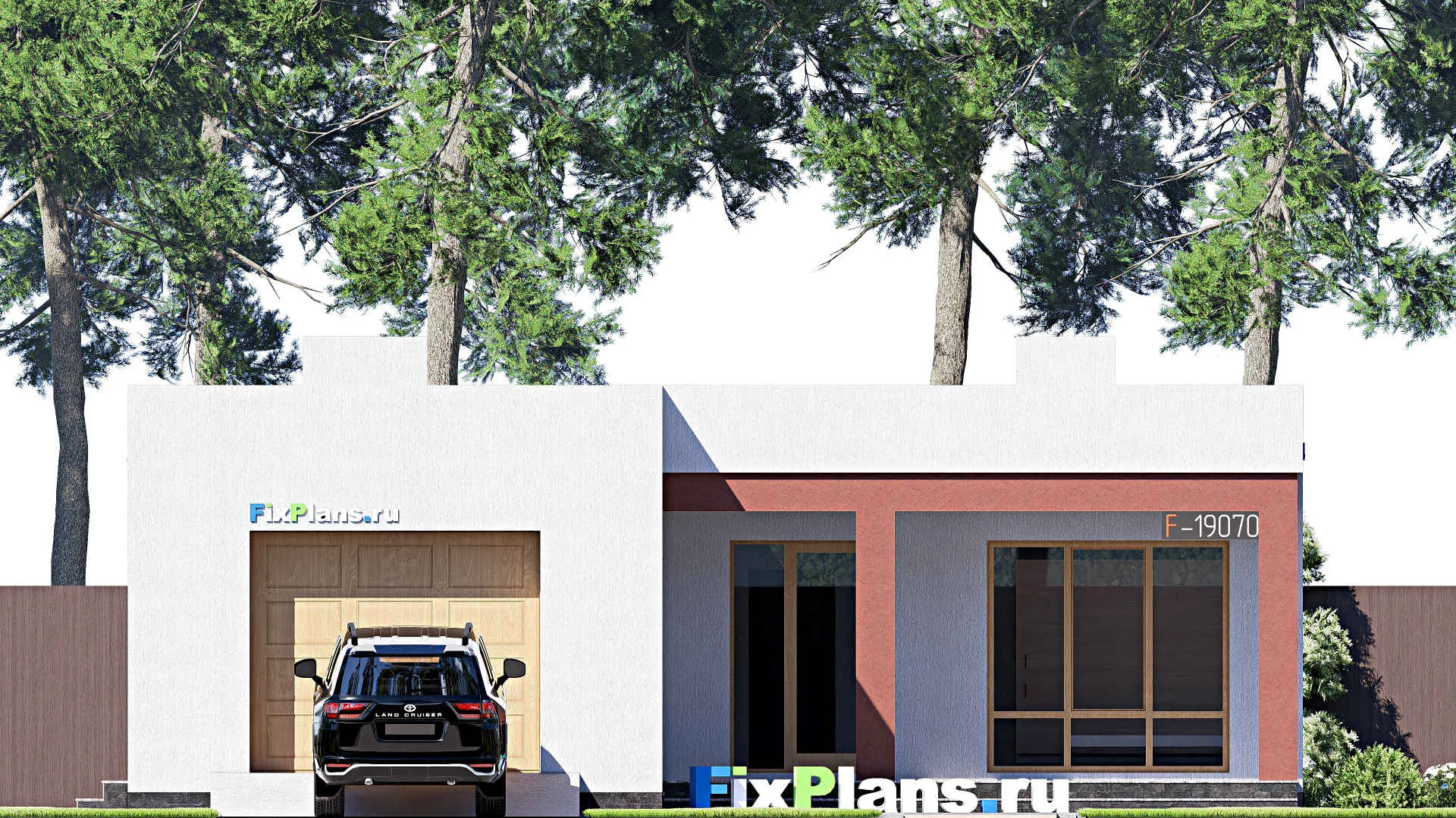 F-19070 - Проект одноэтажного дома 13 на 27, площадью 260 м² с террасой, гаражом на 1 машину и 4 спальнями