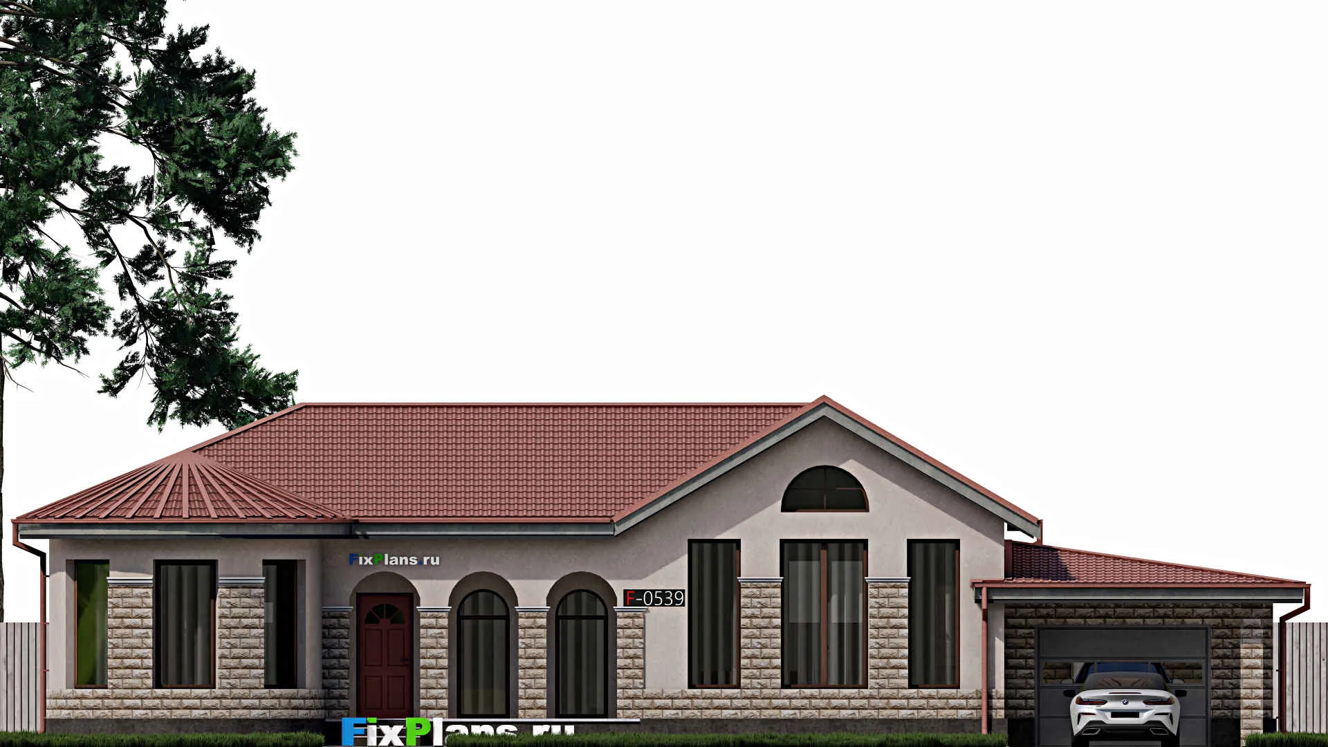 F-0539i - Проект одноэтажного дома 14 на 21, площадью 200 м² с террасой, гаражом на 1 машину и 3 спальнями