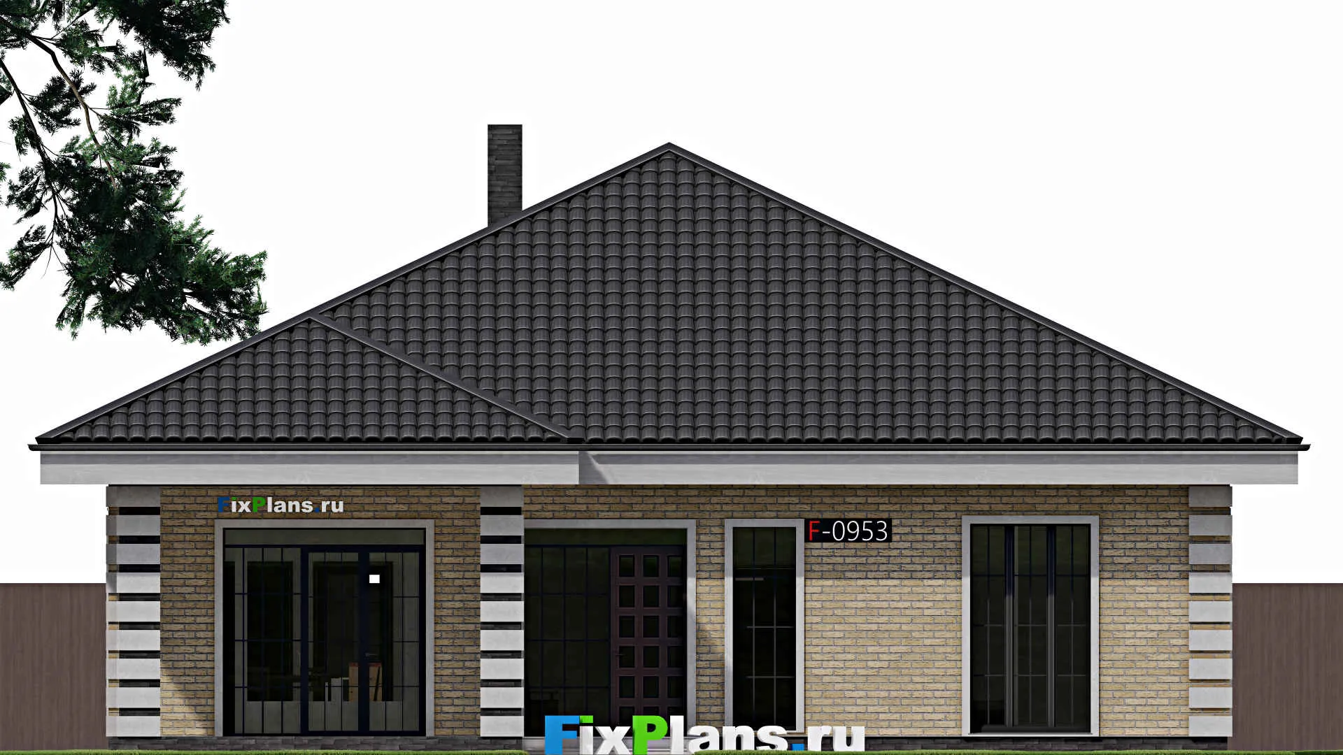 F-0953 - Проект одноэтажного дома 14 на 14, площадью 190 м² с террасой и 4 спальнями