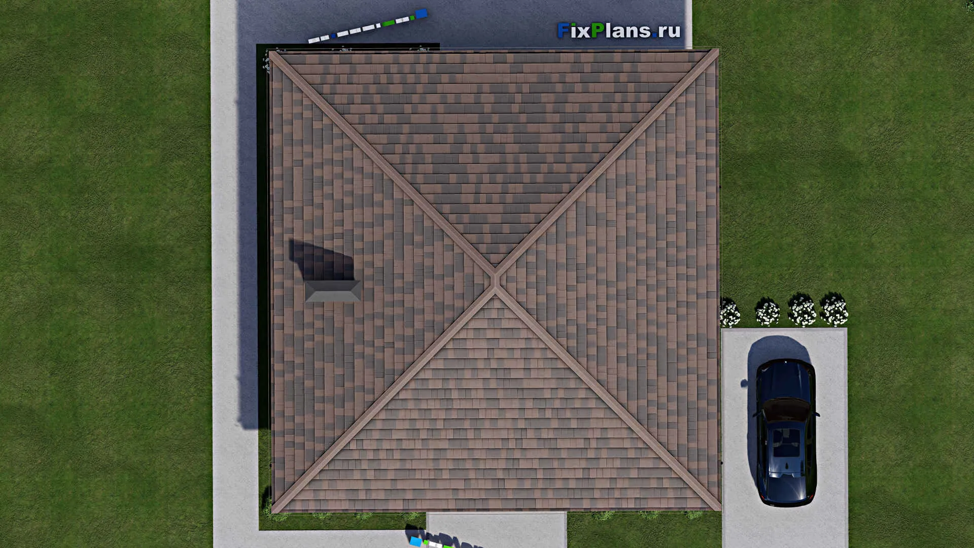 F-12140 - Проект одноэтажного дома 14 на 14, площадью 150 м² с террасой и 3 спальнями