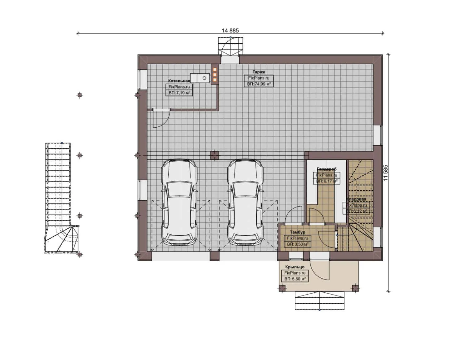 F-7775 - Планы двухэтажного дома 12 на 15, площадью 220 м² с террасой, гаражом на 2 машины и 3 спальнями